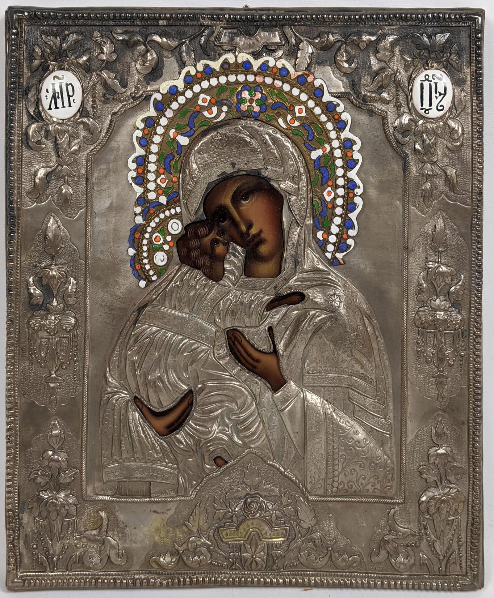 Large Russian Icon. Tooled silver metal frame with enam (1 of 8)