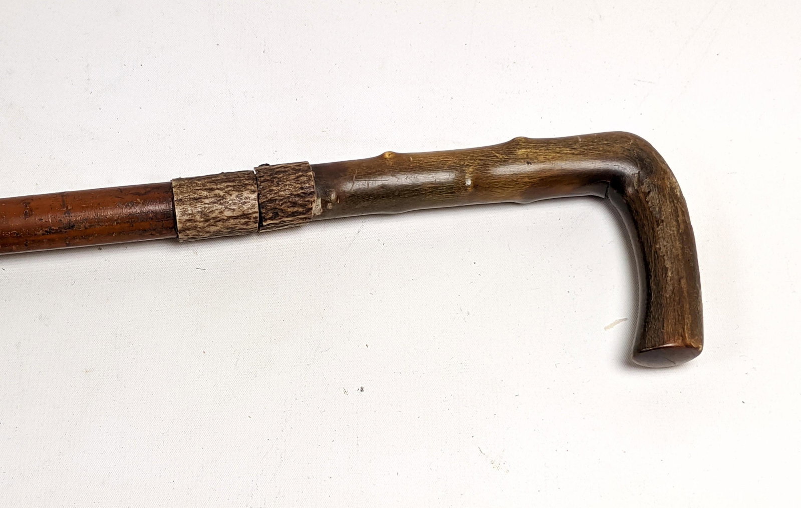 C) Tapered Wood Walking Stick. Antler bale trim. 4 side: C) Tapered Wood Walking Stick. Antler bale trim. 4 sided diamond shaped blade damascene decorations. -- Dimensions: H: 35 inches: W: 3.25 inches: D: 1 inches --- US Shipping charge: $35 Plus insurance