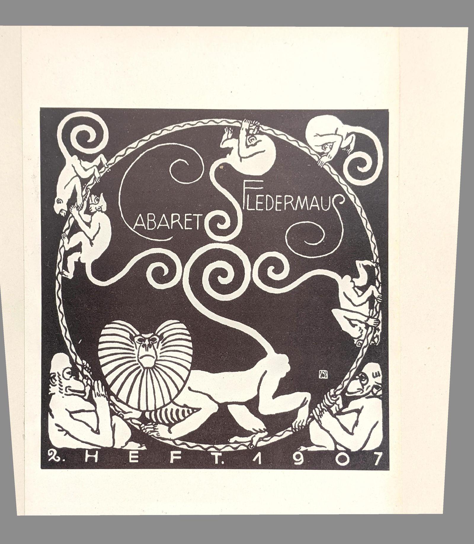 WIENER WERKSTATTE Illustration Q. HEFT, 1907. Cabaret F: WIENER WERKSTATTE Illustration Q. HEFT, 1907. Cabaret Fledermaus with playful monkeys. Monogrammed and dated. Unknown Provenance. -- Dimensions: Image Size: H: 8.5 inches: W: 5.75 inches --- US Shippi