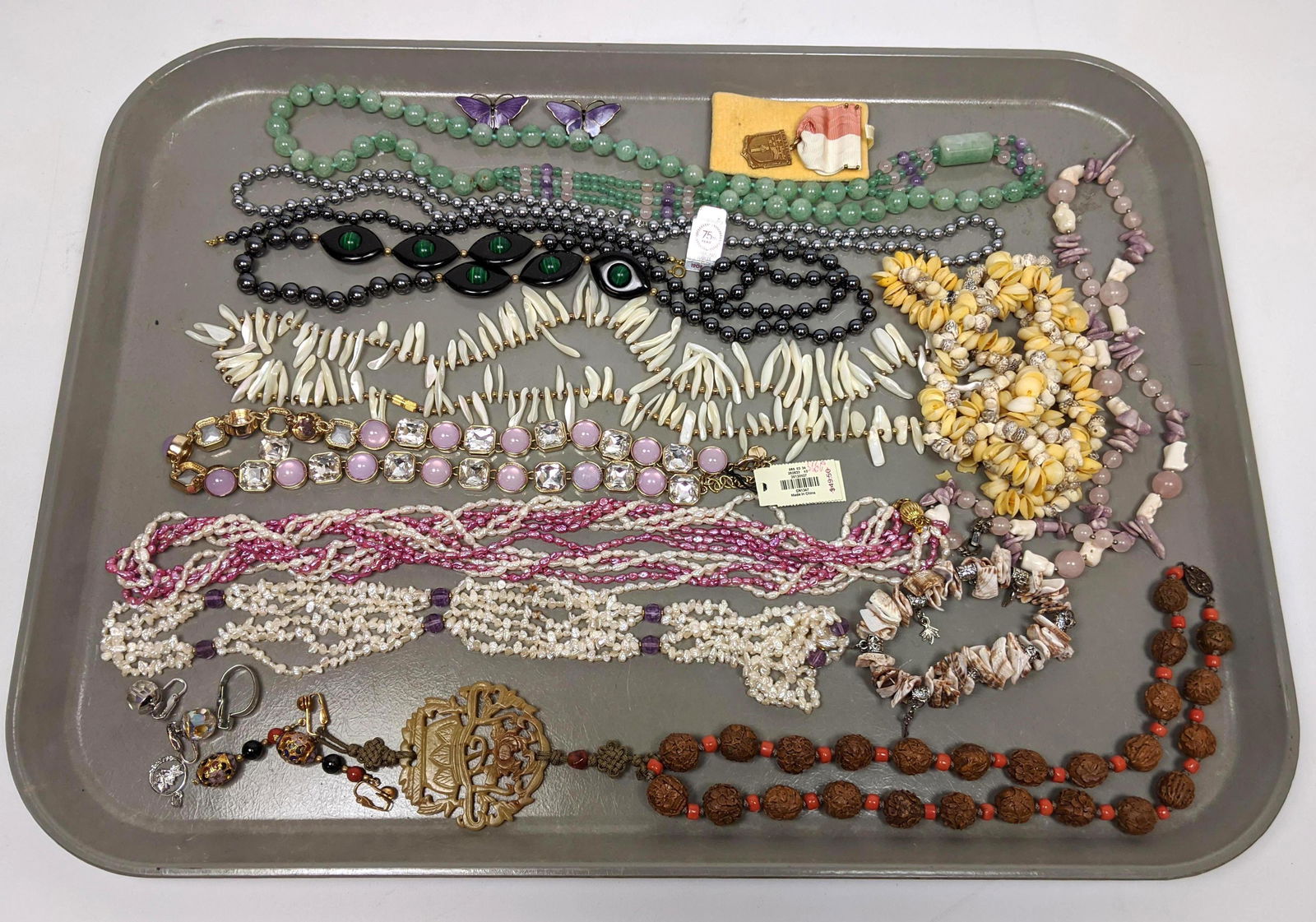 N) Tray lot Pearl, Hematite, Malachite Bead Necklaces, (1 of 9)