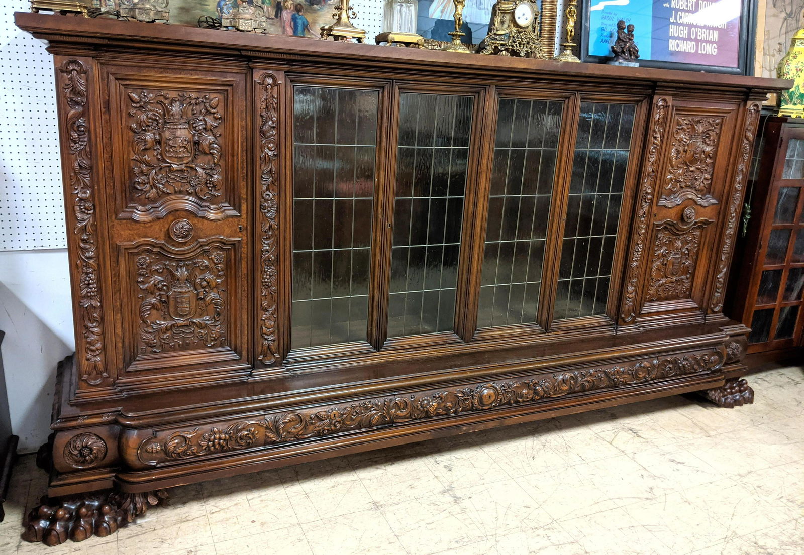 Large 12' Richly Carved Antique Cabinet. Upper cabinet. (1 of 15)