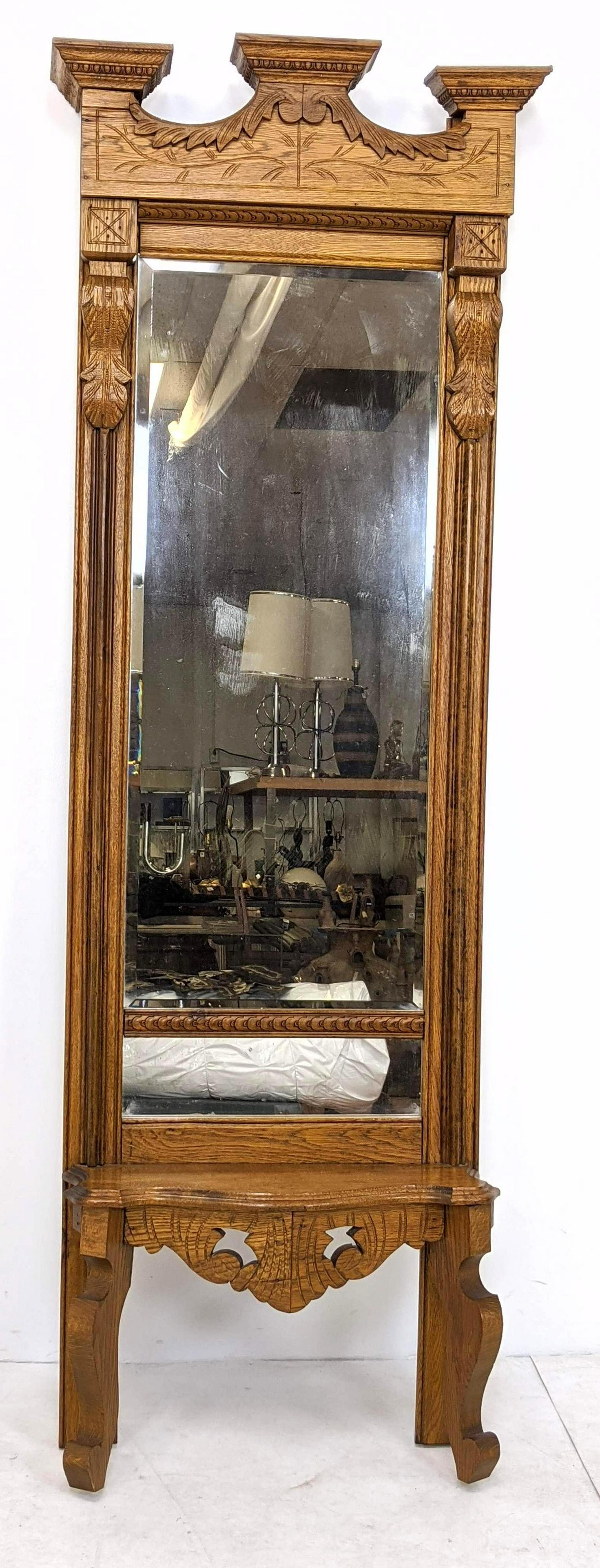 Tall Carved Oak Standing Pier Mirror. Pediment Top. (1 of 9)