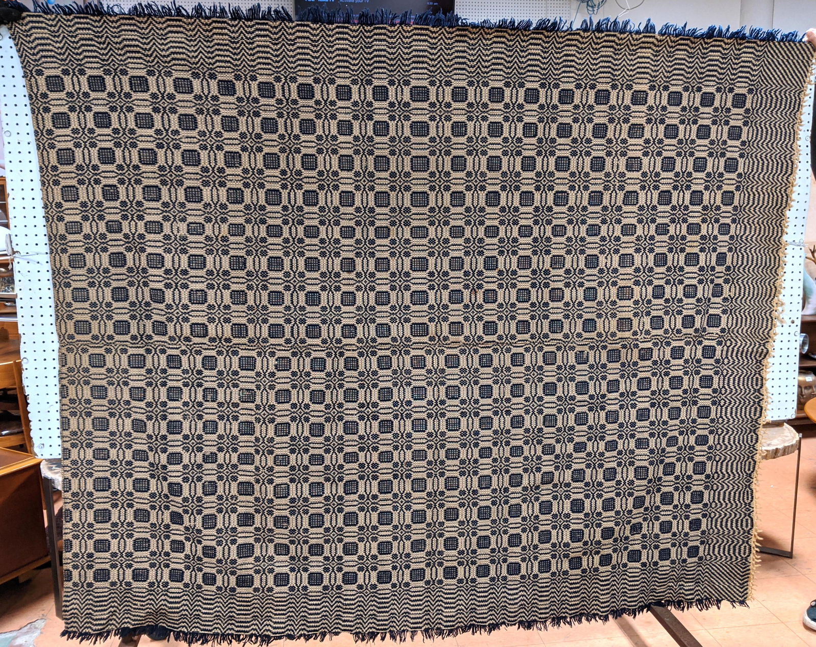 Woven JACQUARD Coverlet Blue and White Textile Fabric w (1 of 10)