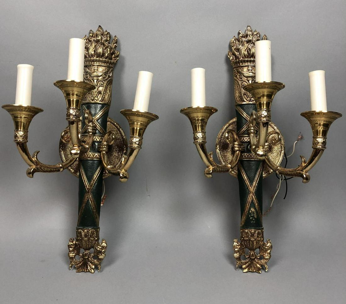 Pr Brass Decorator Wall Sconces. Gold finish with green (1 of 11)