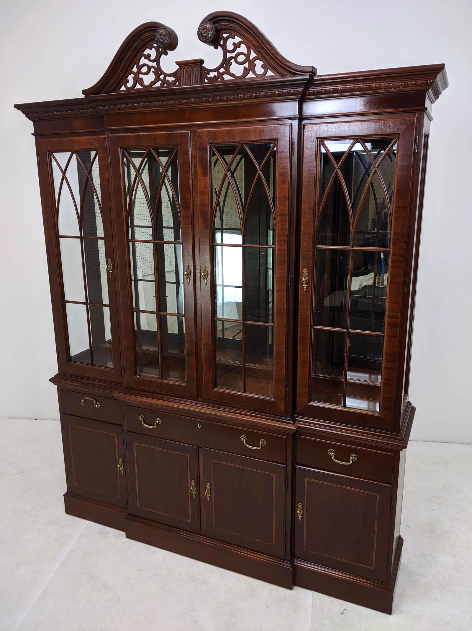 ETHAN ALLEN Mahogany Breakfront China Cabinet. Repro of (1 of 10)