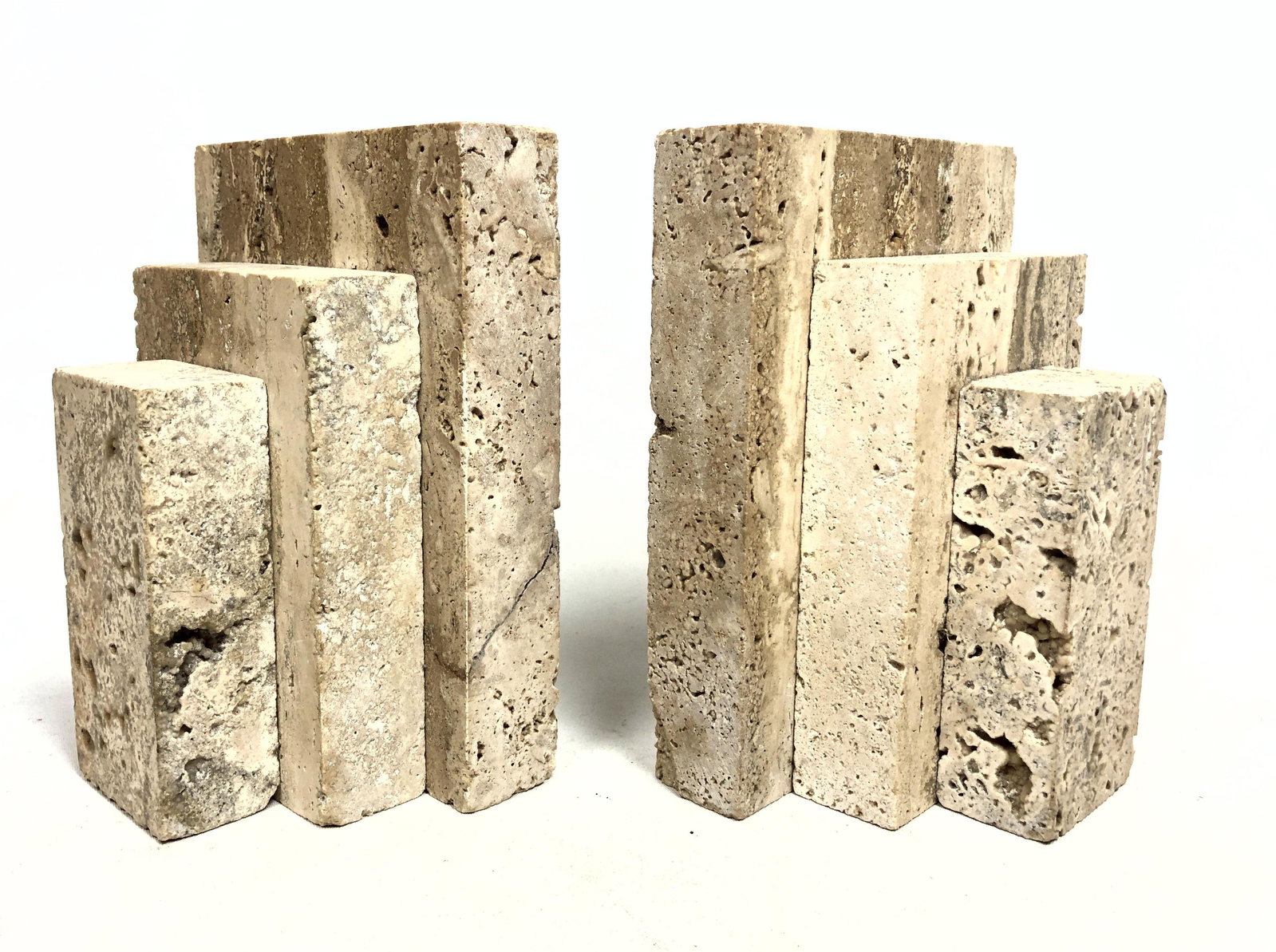 Pr Modernist Geometric Travertine Bookends.: Pr Modernist Geometric Travertine Bookends.-- Dimensions: H: 6.5 inches: W: 5 inches: D: 3.5 inches ---