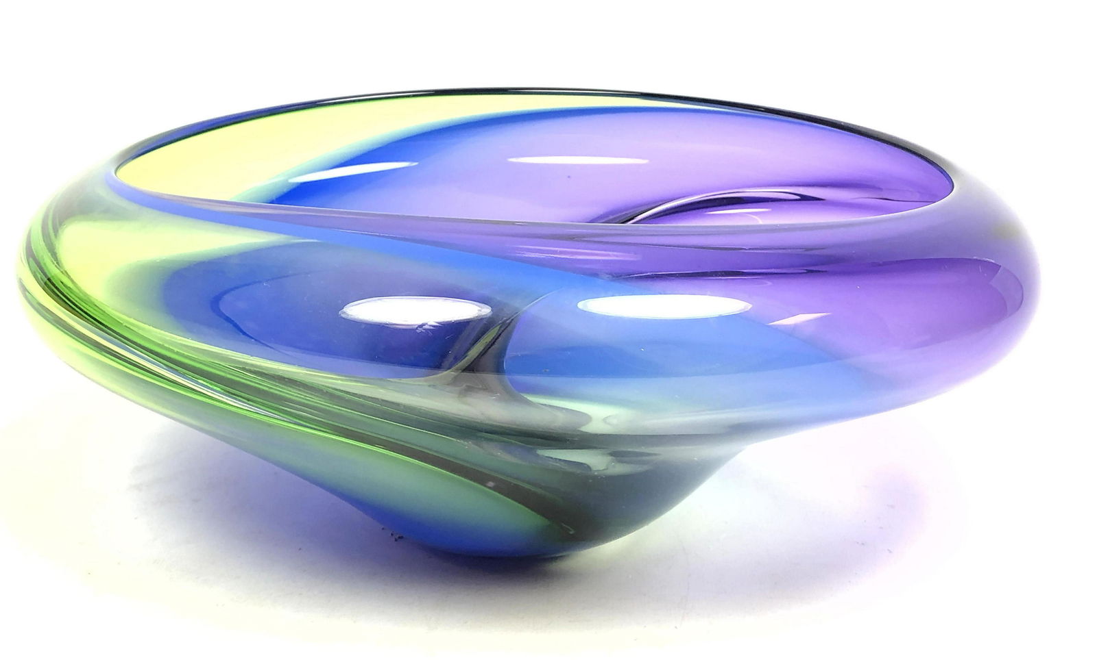 MICHELLE KAPTUR Modernist Art Glass Divided Bowl. Large: MICHELLE KAPTUR Modernist Art Glass Divided Bowl. Large blue, green and purple.-- Dimensions: H: 6 inches: W: 15 inches: D: 12 inches ---