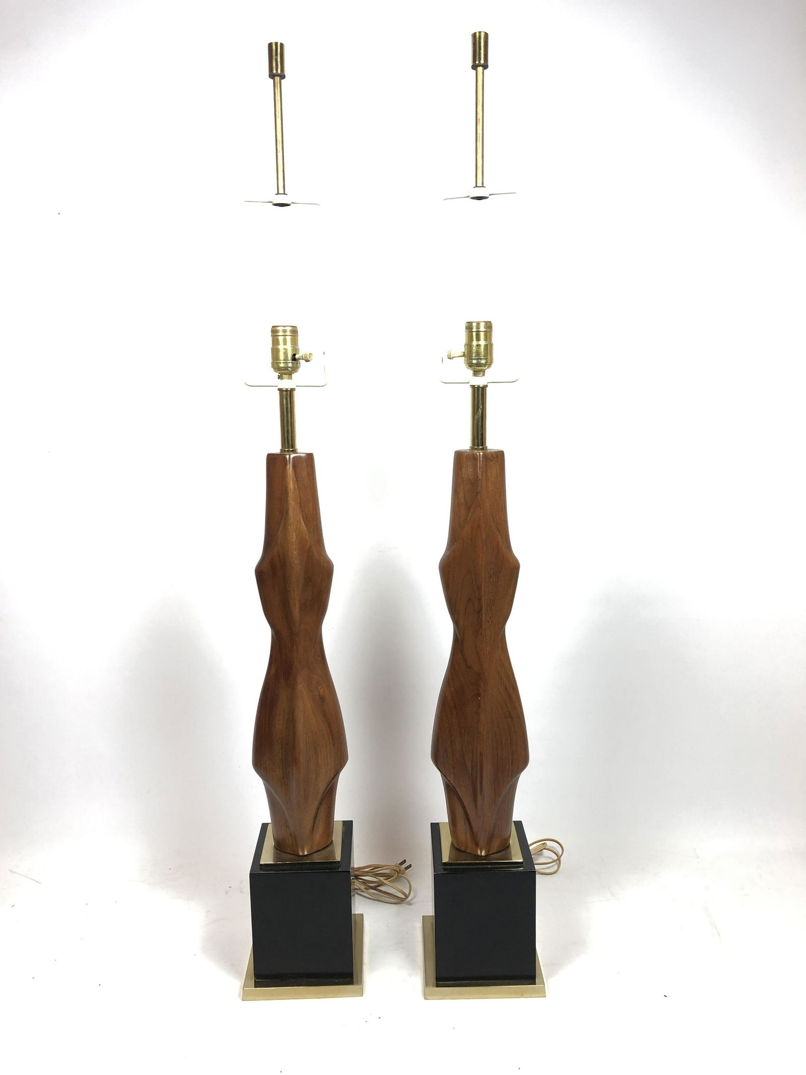 Pr LAUREL Sculptural Carved Wood Table Lamps. Black & b (1 of 7)