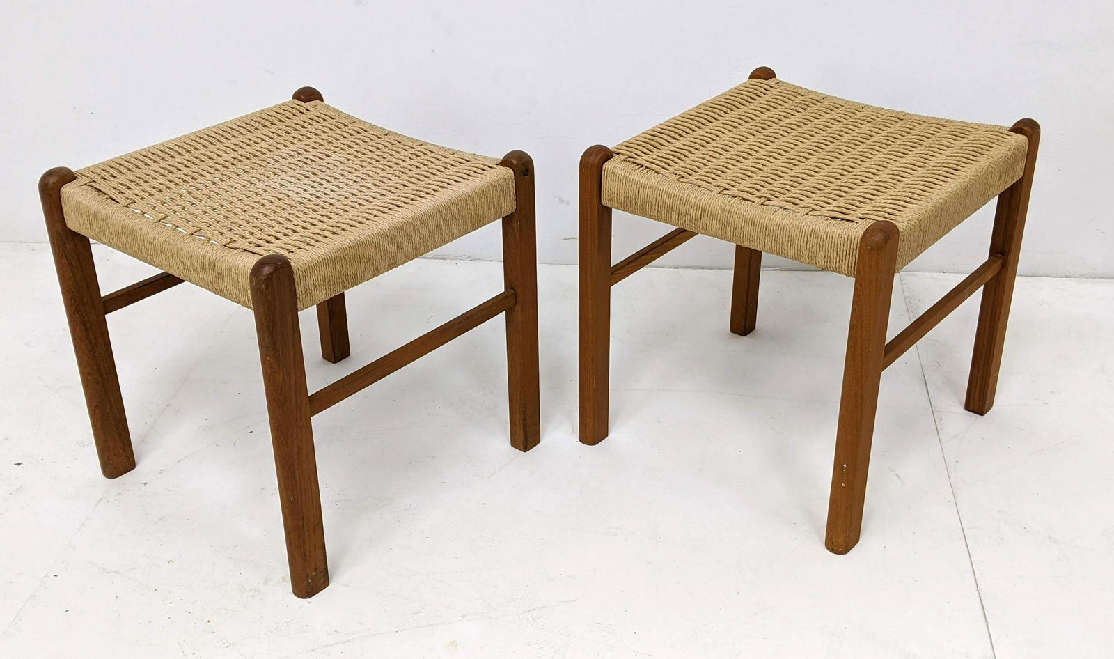 Pr Wegner Style Teak Woven Stools Ottomans. (1 of 7)