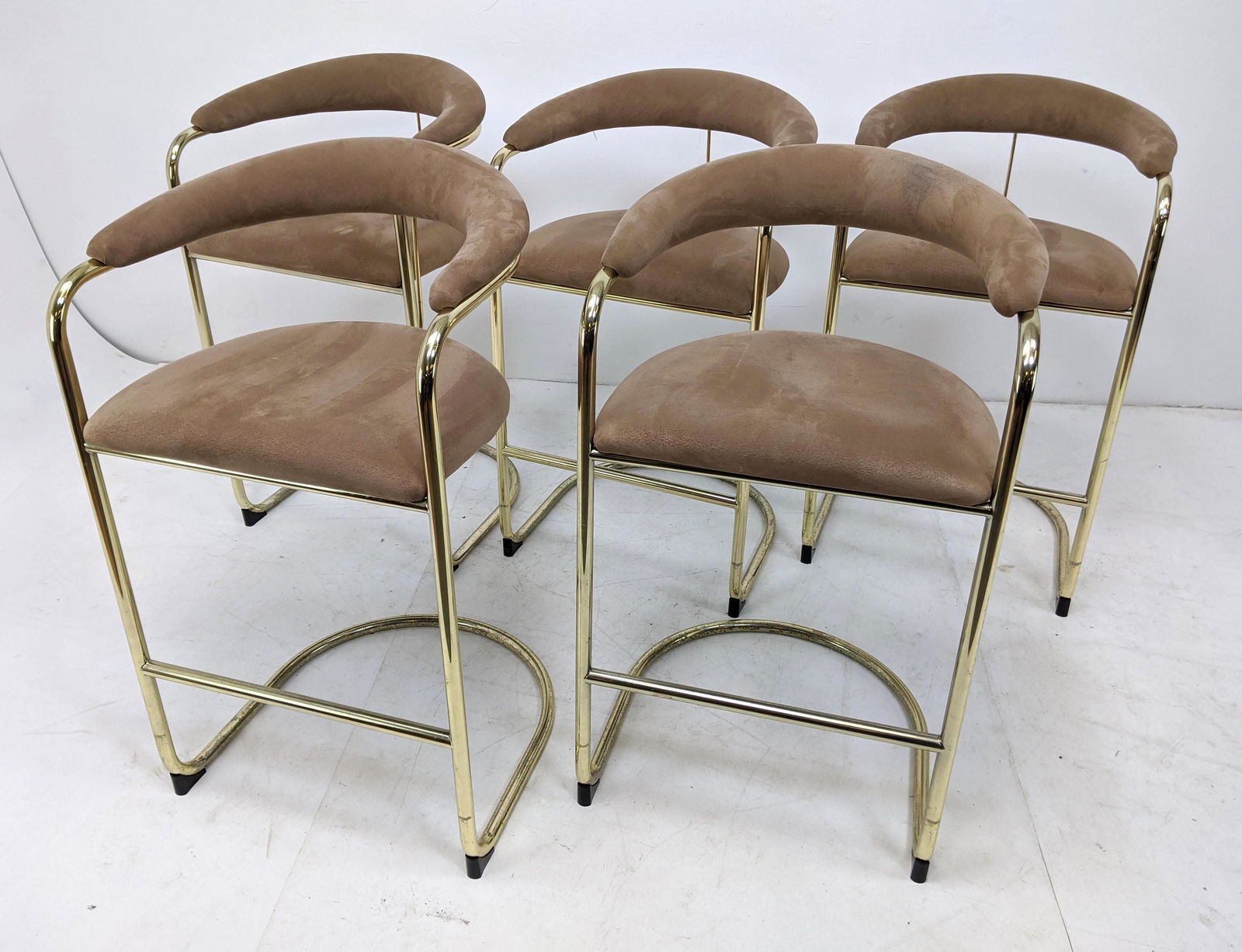 5pc Brass Tube Suede Cantilever Bar Stools. (1 of 15)
