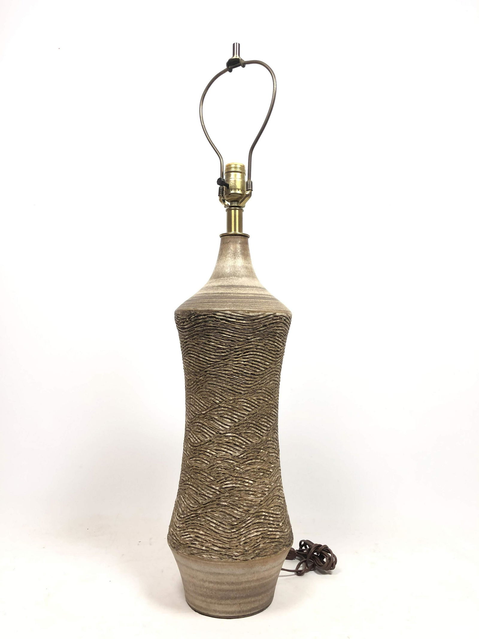 LEE ROSEN for DESIGN TECHNICS Tall Pottery Lamp. Brown: LEE ROSEN for DESIGN TECHNICS Tall Pottery Lamp. Brown & Oatmeal Ceramic Lamp. Corseted form. Stamped Logo mark. Pottery dimensions: 21"h x 7"d. -- Dimensions: H: 37.75 inches: W: 15 inches: D: 15 inc