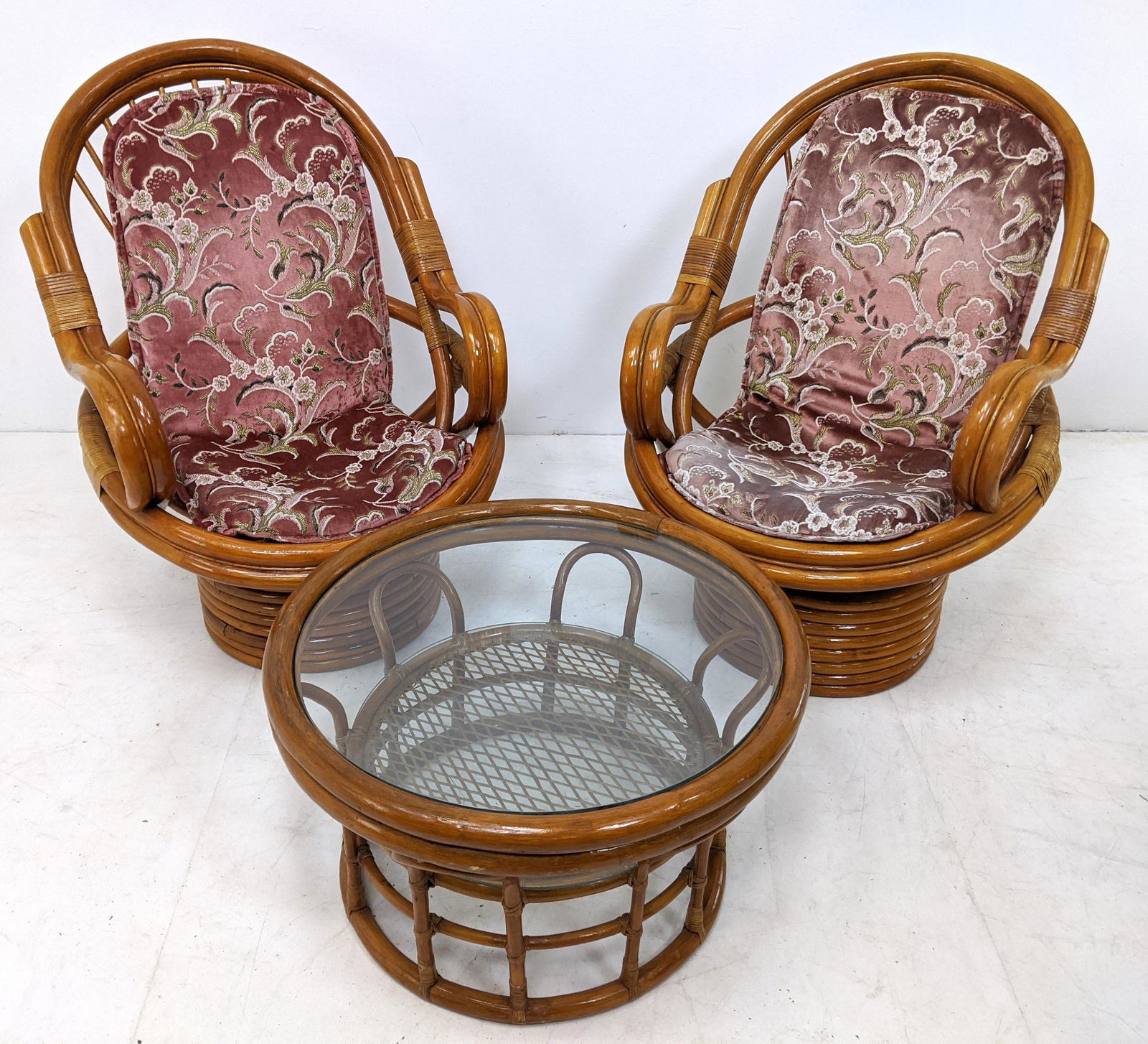 3pc Rattan Swivel Chairs & Side Table. Velvet upholster (1 of 12)