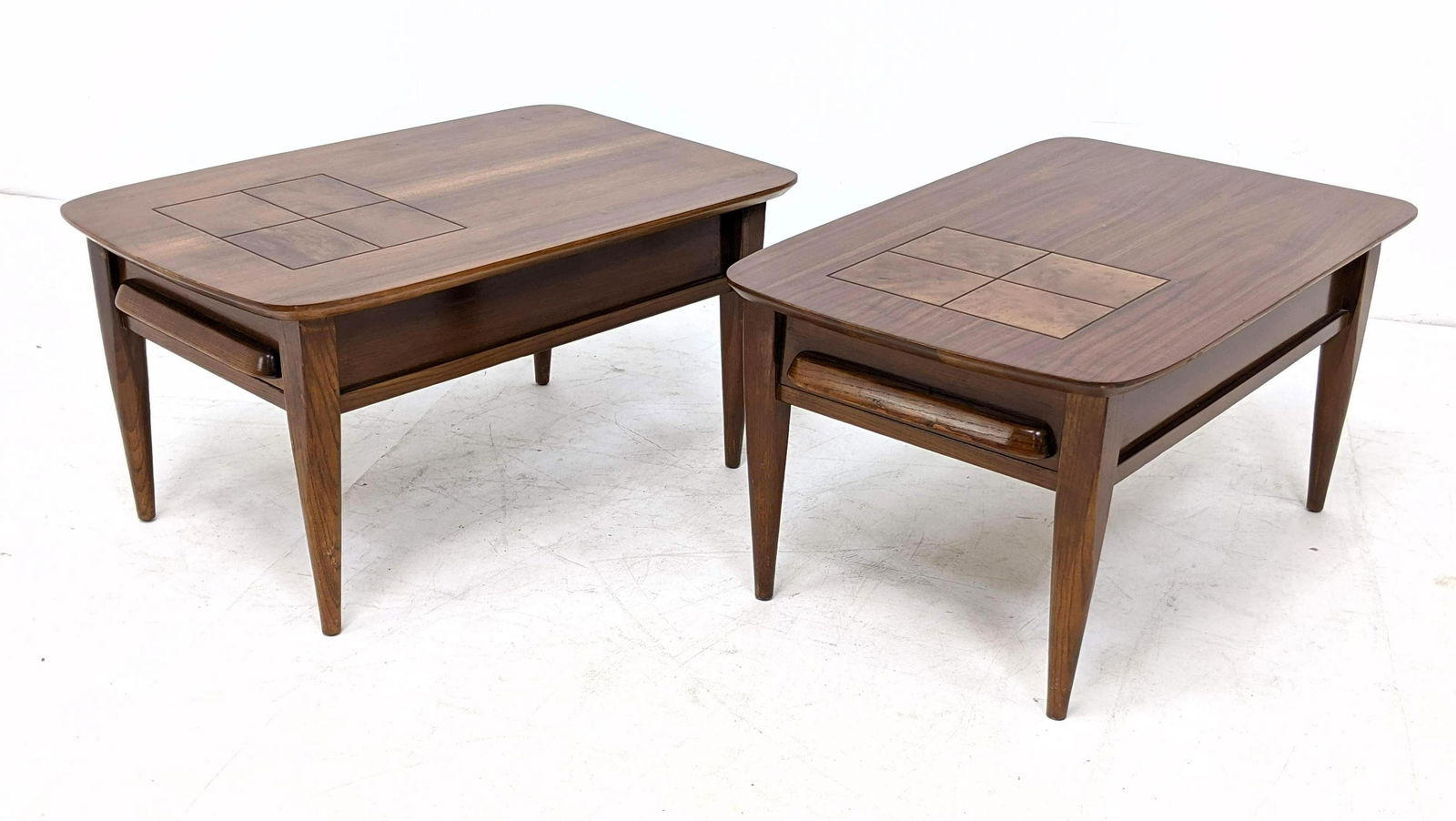 Pr American Modern Side End Tables w inset burl wood. m (1 of 10)