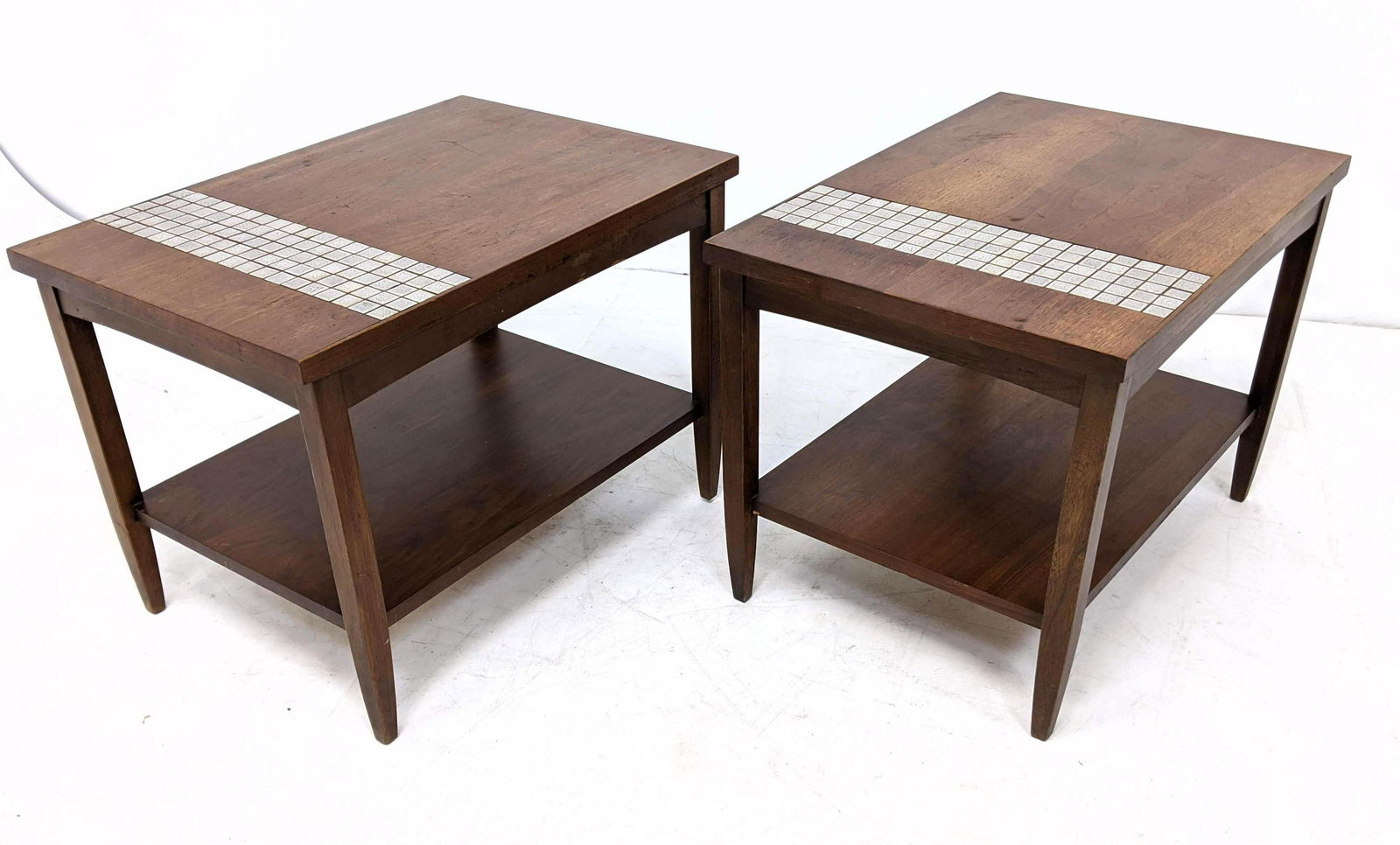 Pr LANE American Modern Walnut Side End Tables w Tile d (1 of 9)