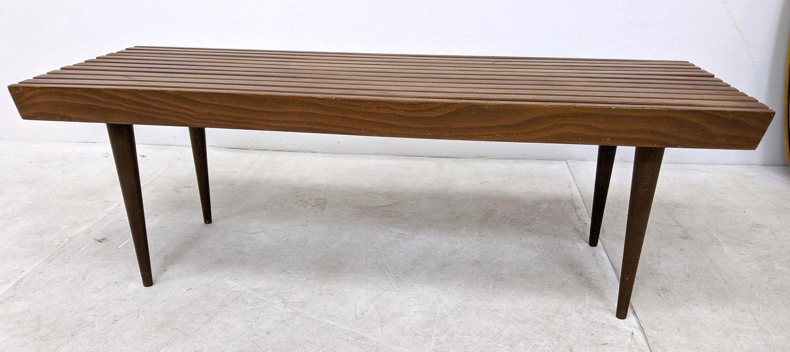 American Modern Walnut Slat Bench Coffee Table. Tapered (1 of 10)