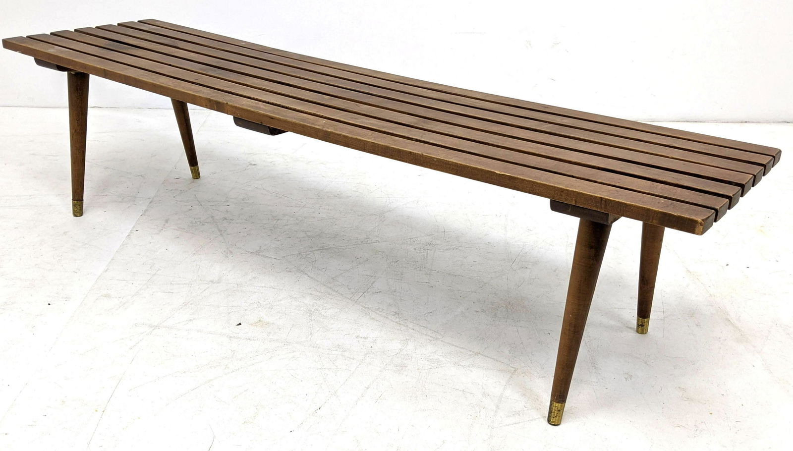 American Modern Walnut Slat Bench Coffee Table. Tapered (1 of 10)