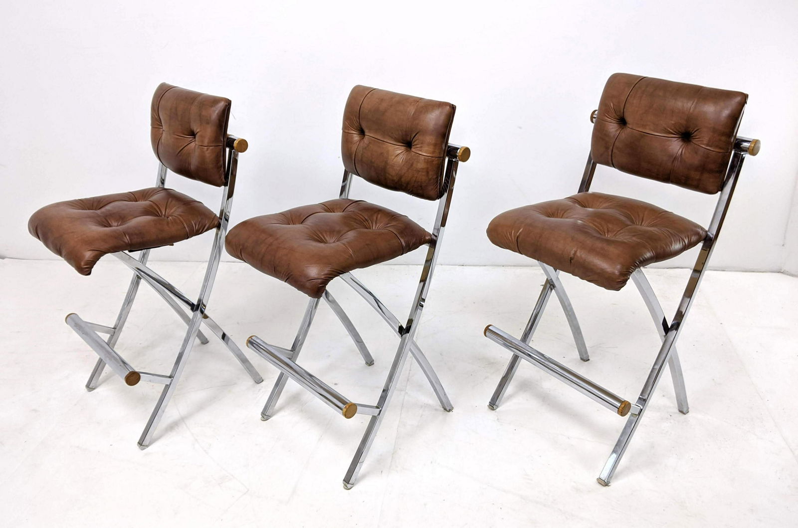 Three 70s Modern Chrome Vinyl Bar Stools. (1 of 8)