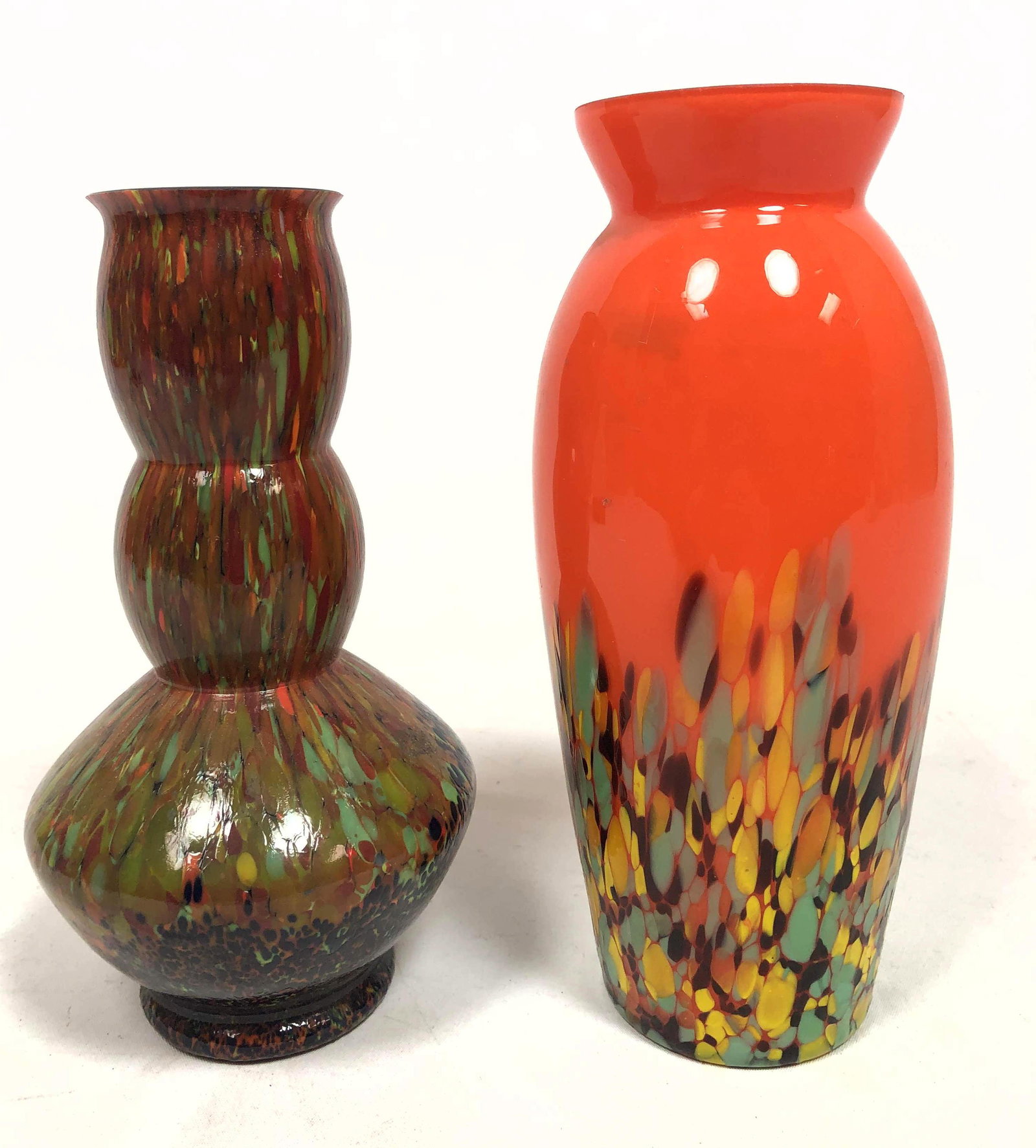 2pc Czech Glass Vases. Colorful art glass vessels.: 2pc Czech Glass Vases. Colorful art glass vessels.-- Dimensions: H: 8.75 inches: W: 4 inches: D: 4 inches ---