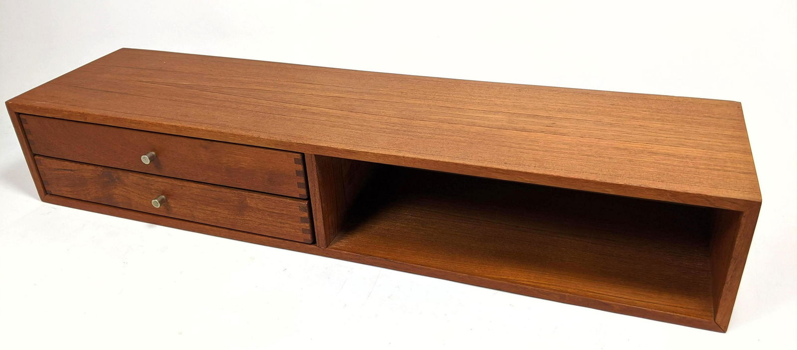 Danish Modern Teak Wall Mounted Top Jewelry Chest Drawe: Danish Modern Teak Wall Mounted Top Jewelry Chest Drawers. Has brackets for wall mounting. -- Dimensions: H: 6 inches: W: 35 inches: D: 9.5 inches ---