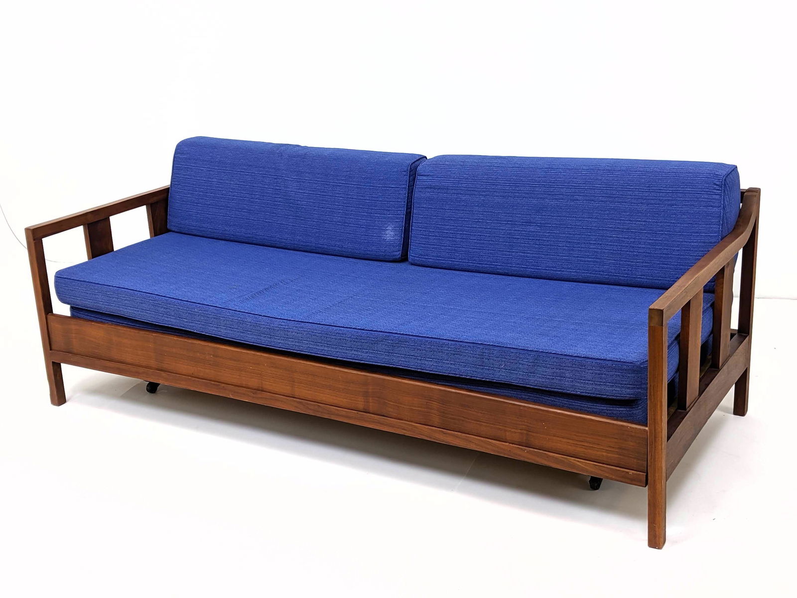 American Modern Walnut Blue Fabric Day Bed Sofa Couch. (1 of 9)