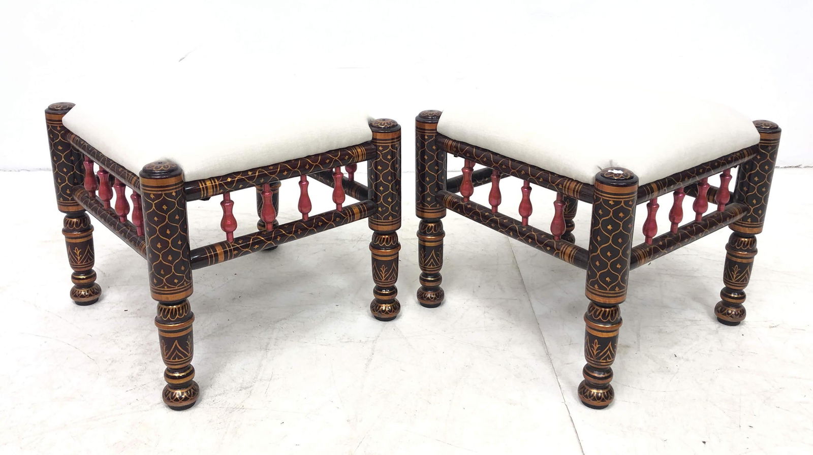 Pr Moroccan Inspired Painted Wood Stools Ottomans. (1 of 9)