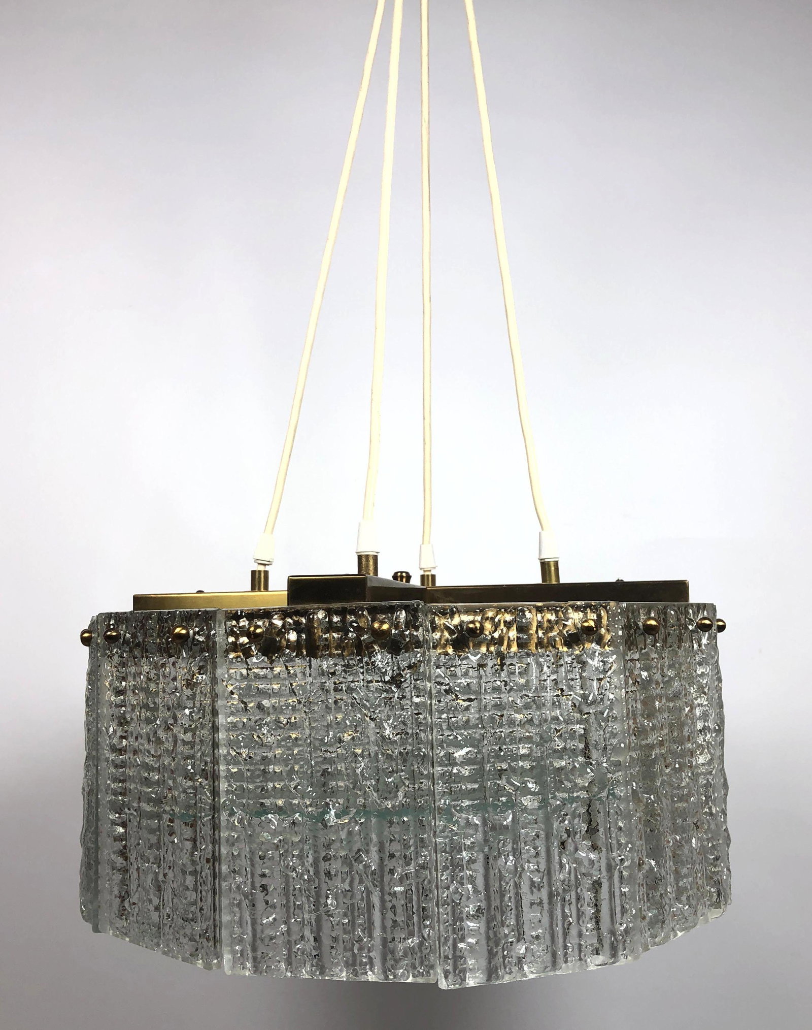 ORREFORS Brass & Glass Panel Chandelier Pendant Light.: ORREFORS Brass & Glass Panel Chandelier Pendant Light. Not marked.-- Dimensions: H: 41 inches: W: 16.5 inches: D: 16.5 inches ---