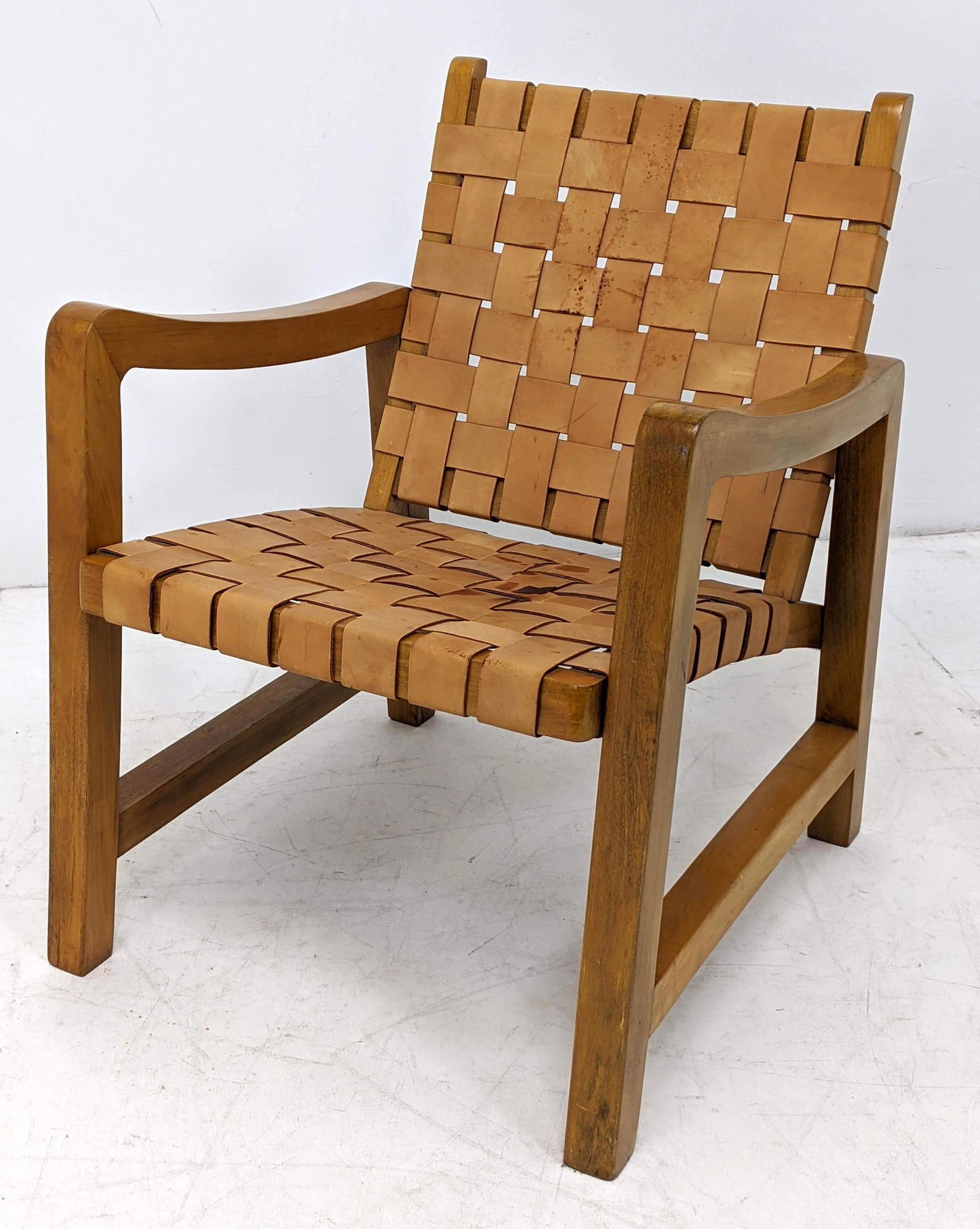 Jens Risom style Woven Leather Strap Lounge Arm Chair. (1 of 8)