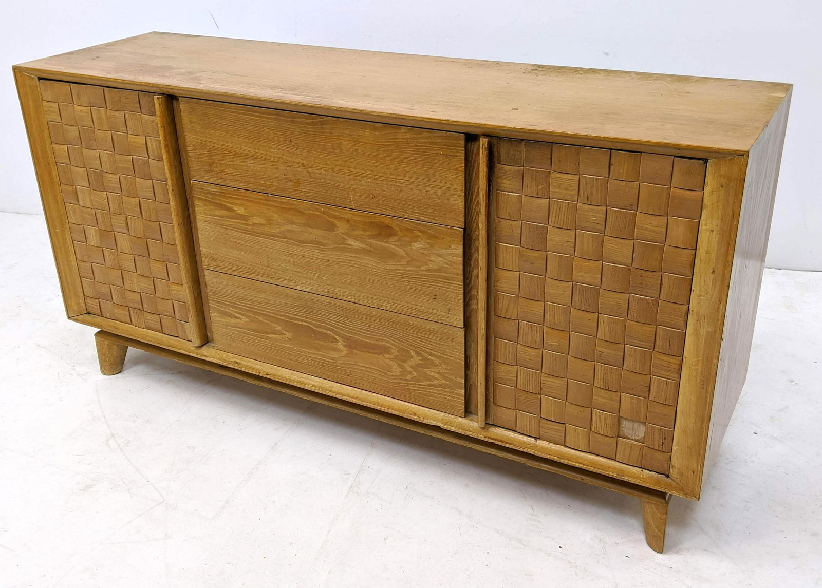 BROWN SALTMAN American Modern Blond Credenza Sideboard.: BROWN SALTMAN American Modern Blond Credenza Sideboard. Woven style front. Marked.-- Dimensions: H: 34 inches: W: 66 inches: D: 19 inches ---