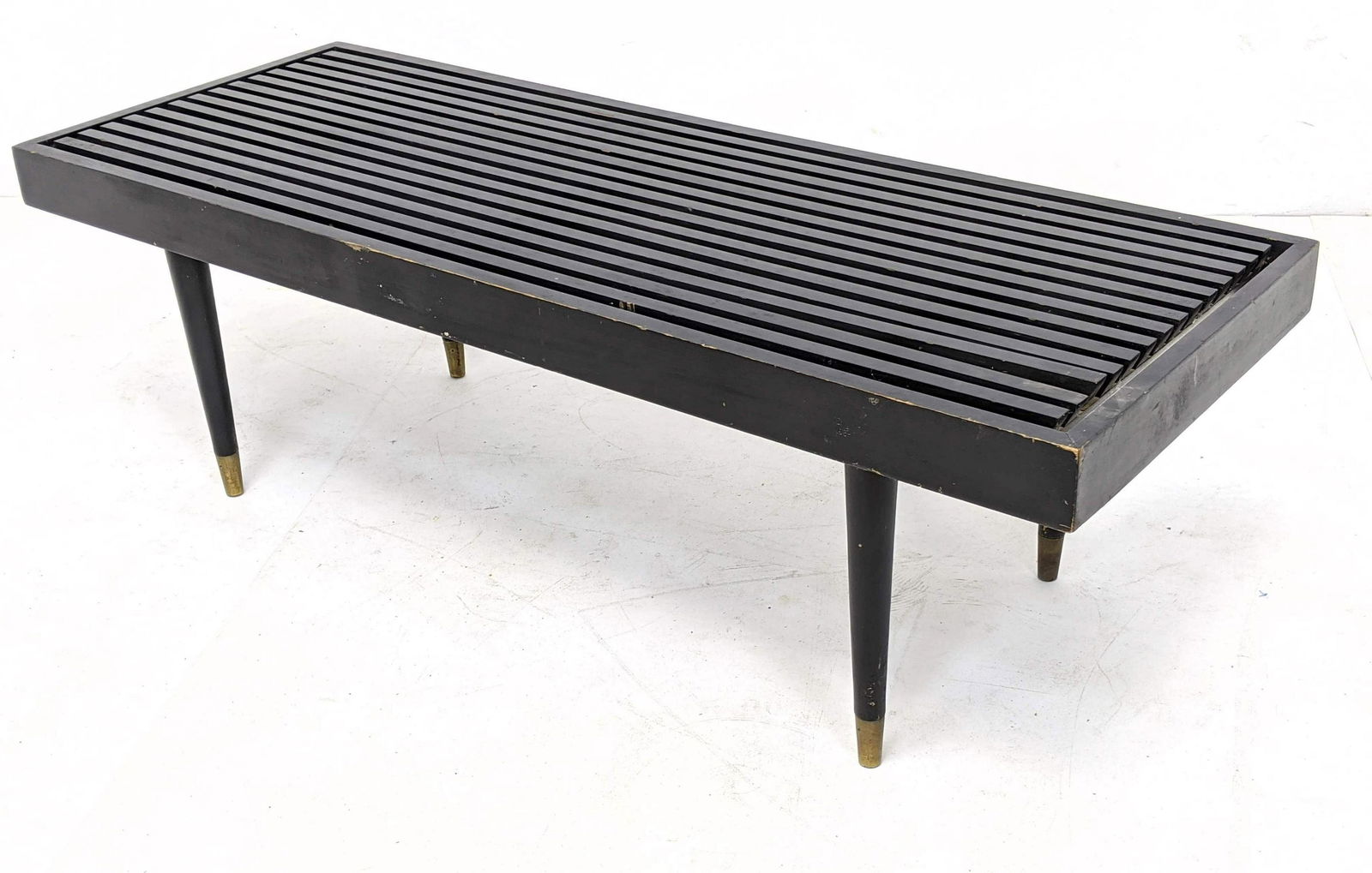 Ebonized Black Modernist Slat Bench Coffee Table. Brass (1 of 8)