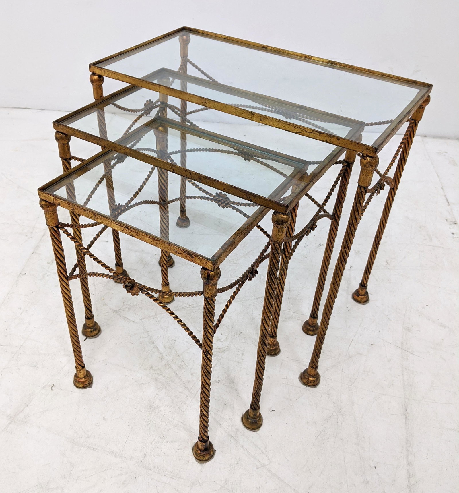 Decorator Gilt Iron Metal & Glass Nesting Tables. (1 of 9)