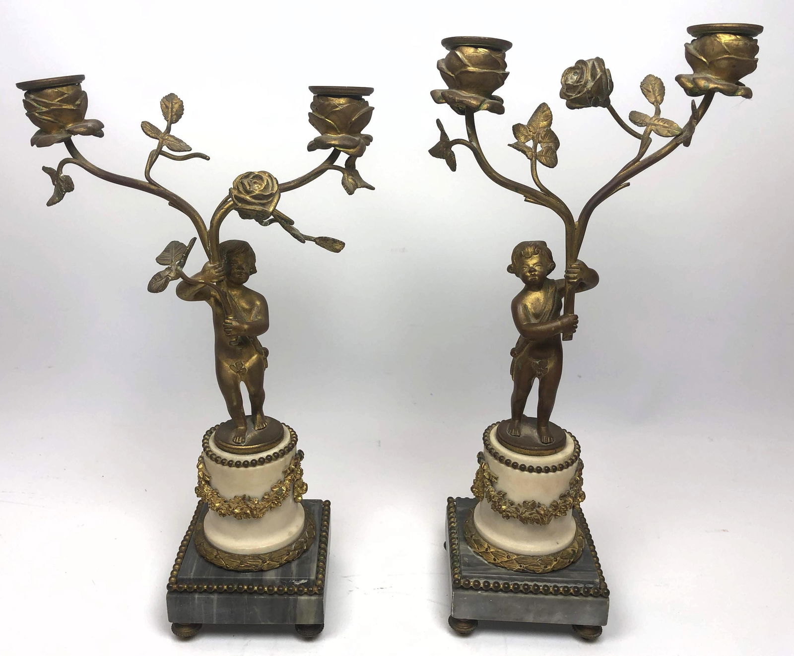 Pr Bronze and Marble Cherub Candleholders. Single cheru (1 of 9)
