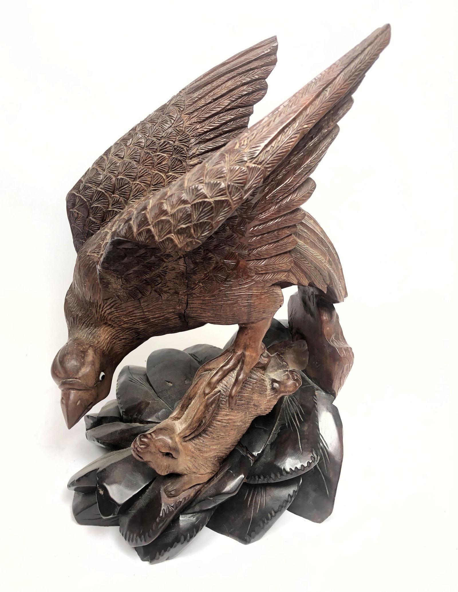 Antique Carved Wood Eagle Hunting Rabbit Sculpture. Bla (1 of 10)