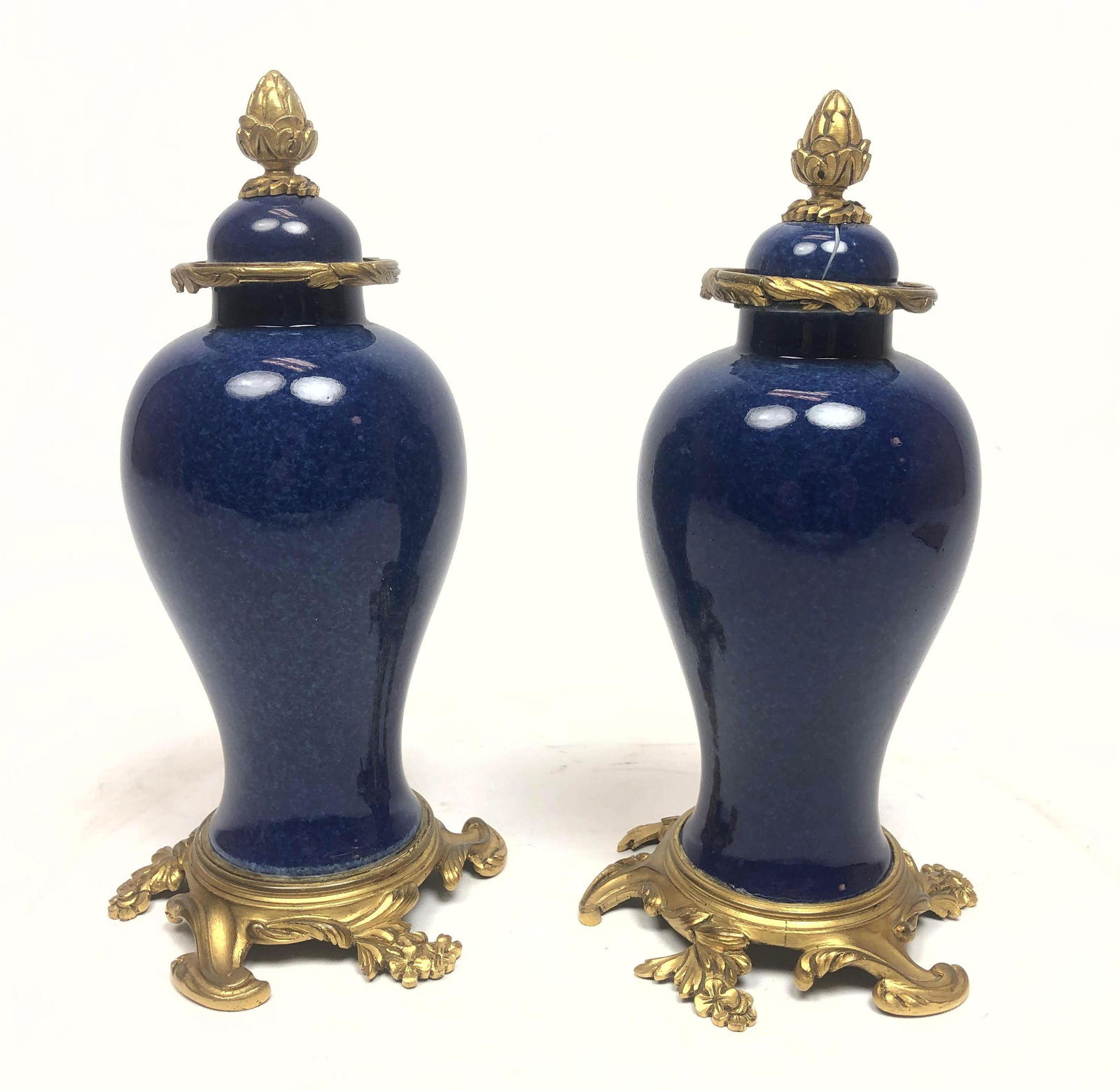 Pr Bronze and Porcelain Miniature Urns.  Blue Porcelain (1 of 8)