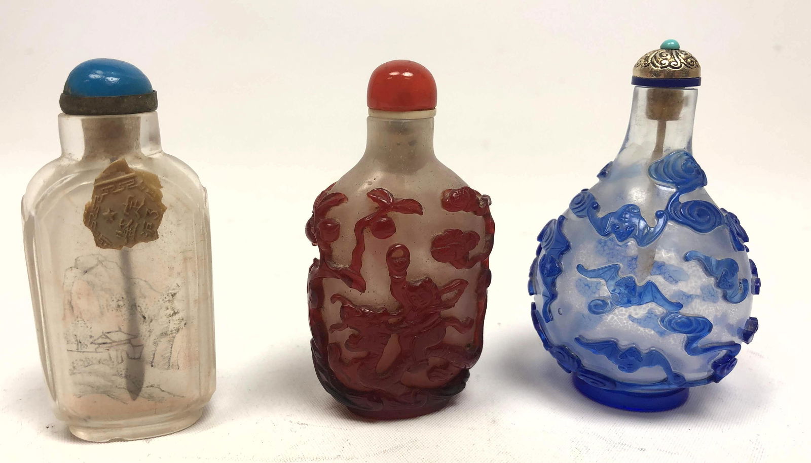 Lot of 3 Vintage Carved Glass Asian Snuff Bottles. One (1 of 5)