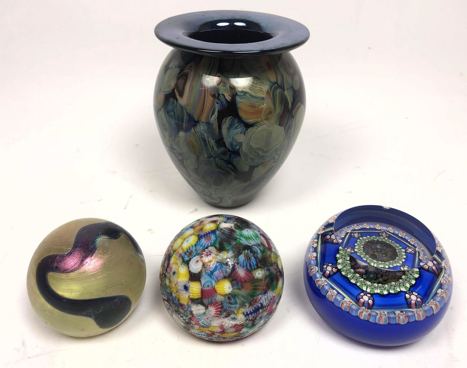 4Pc - Three Paperweights and one art glass vase. End of (1 of 7)