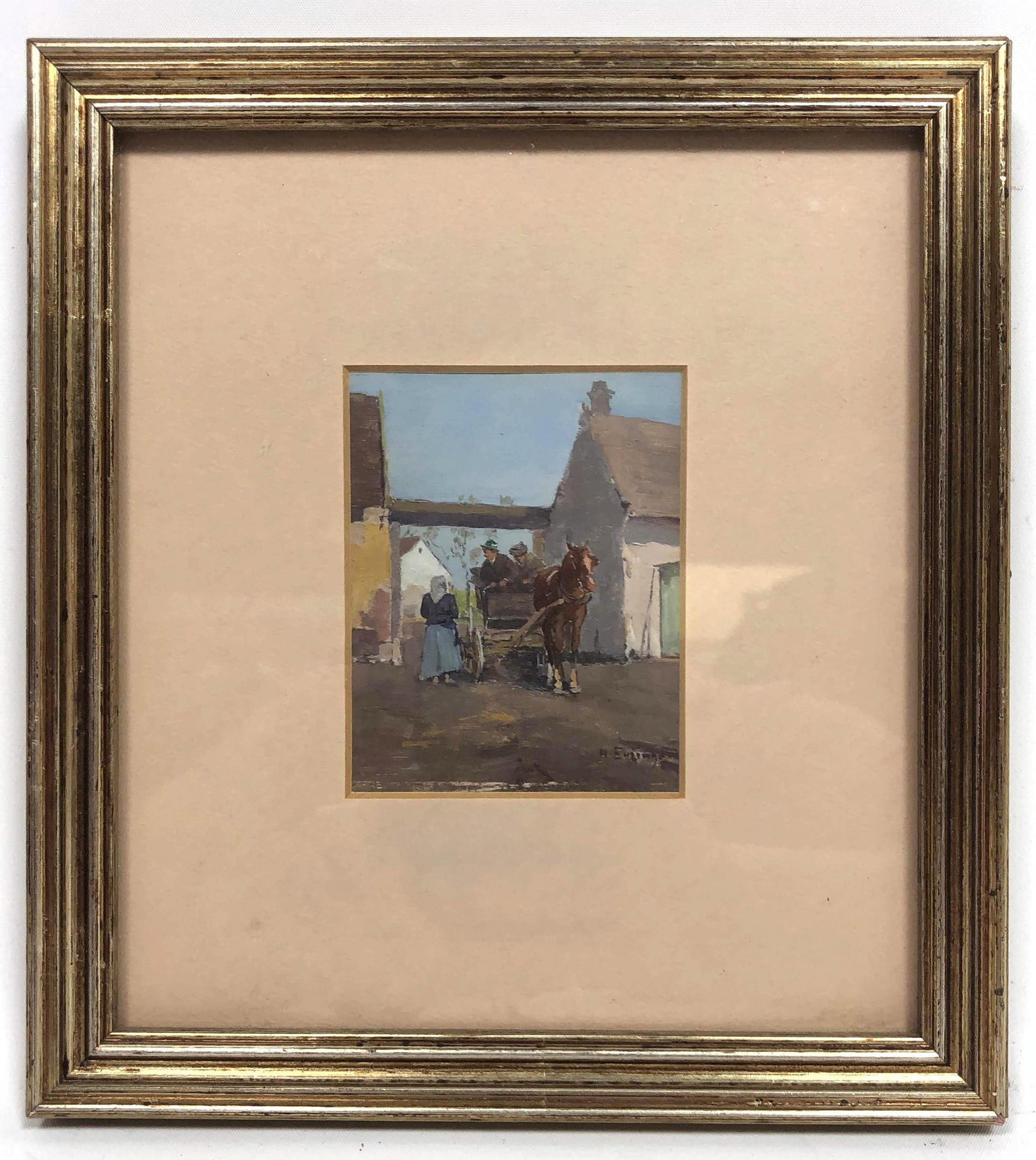 HANS ENZINGER Miniature Oil on Board Painting of Horse: HANS ENZINGER Miniature Oil on Board Painting of Horse and Buggy. Driver with green hat. Against a bright blue sky.-- Dimensions: Image Size: H: 2.5 inches: W: 2.75 inches ---