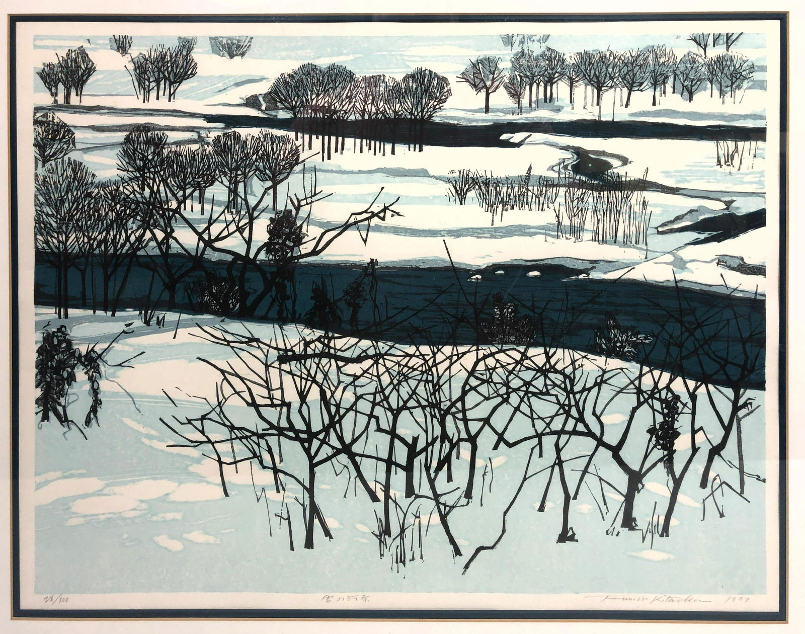FUMIO KITAOKA Signed Block Print of Winter River Scene. (1 of 11)