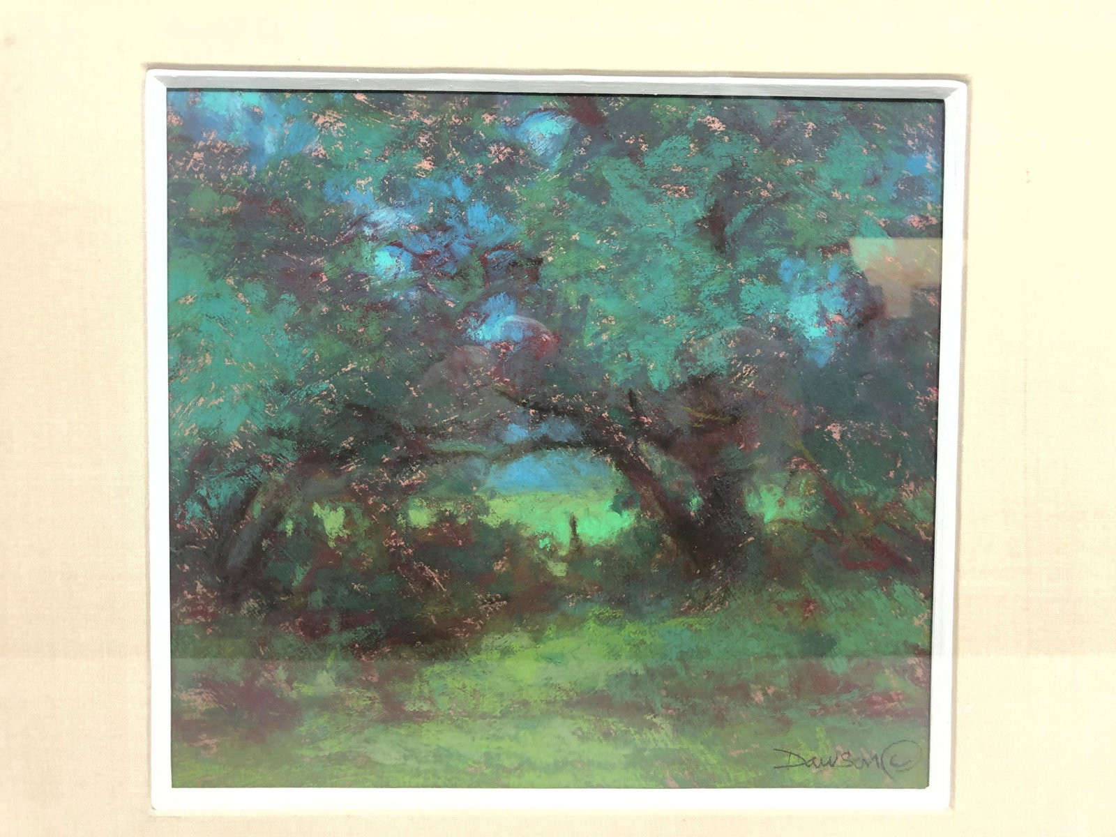 DOUG DAWSON Acrylic Gouache Landscape Painting. "Emeral: DOUG DAWSON Acrylic Gouache Landscape Painting. "Emerald Forest" Signed on front. Information on masonite back. Professionally framed with silk mat -- Dimensions: Image Size: H: 9.25 inches: W: 10.25 