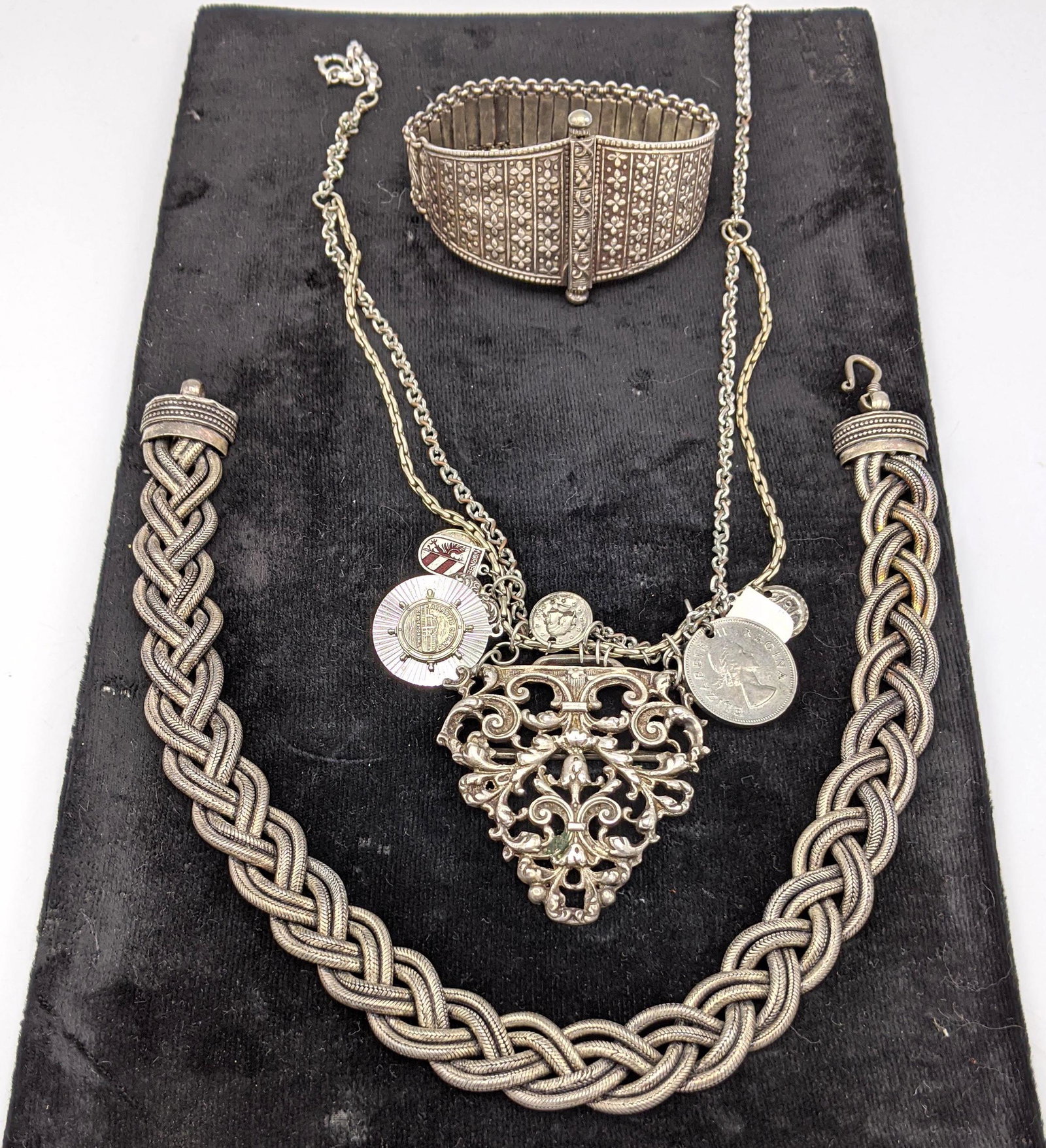 3pc Silver Jewelry Lot. Braided silver neck collar.  Tr (1 of 8)