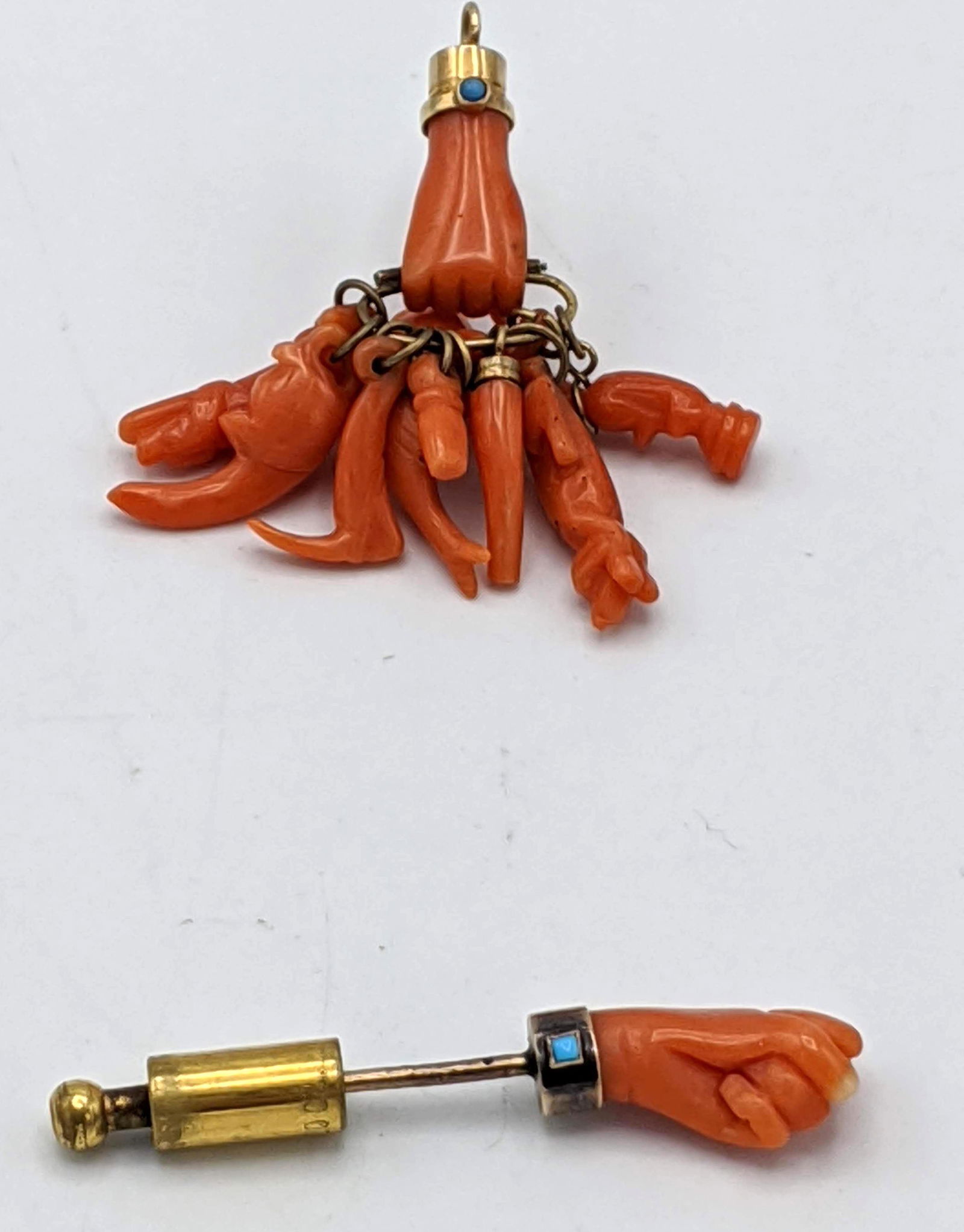 Italian Carved Coral Figa. Gold metal cuff with turquoi (1 of 11)