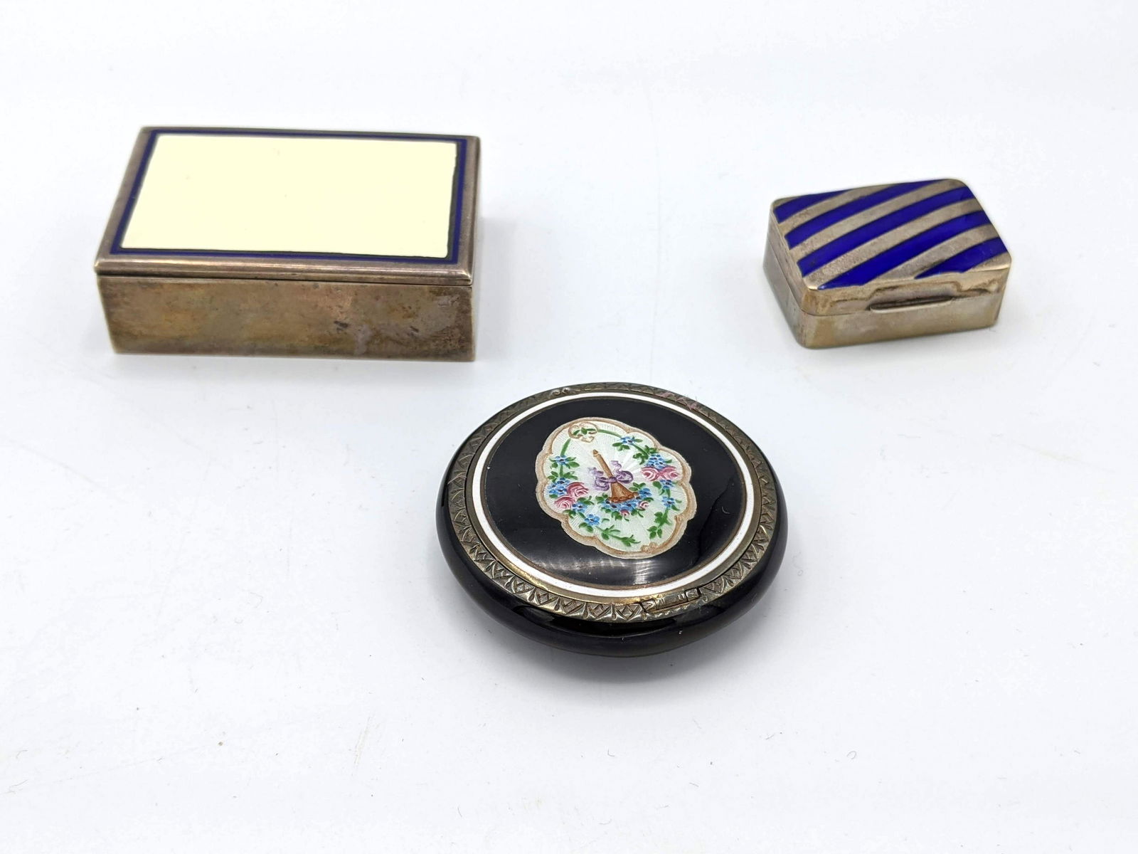 3pc Vintage Sterling Enamel Compact, Stamp Box TIFFANY. (1 of 9)