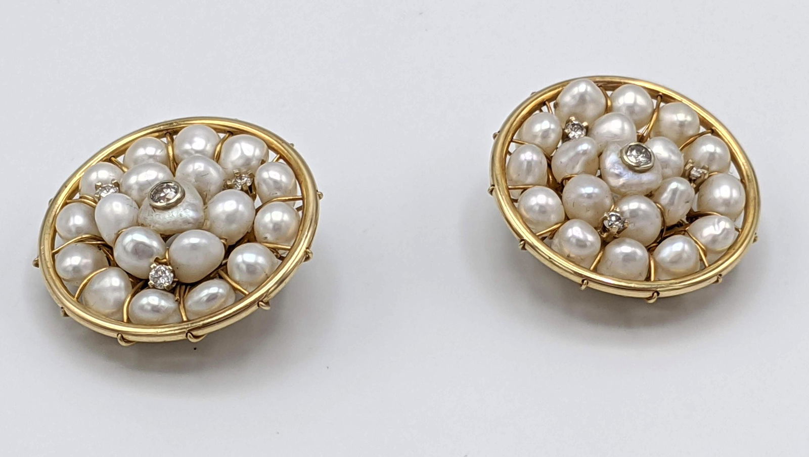 Pr 14k Gold Pearl Diamond Clip Earrings. Round yellow g (1 of 10)