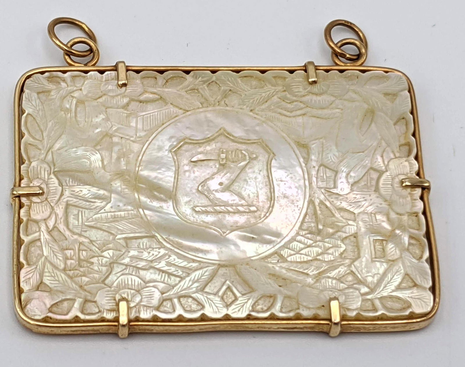 14k Gold Frame Carved Mother of Pearl Asian Plaque Pend (1 of 6)