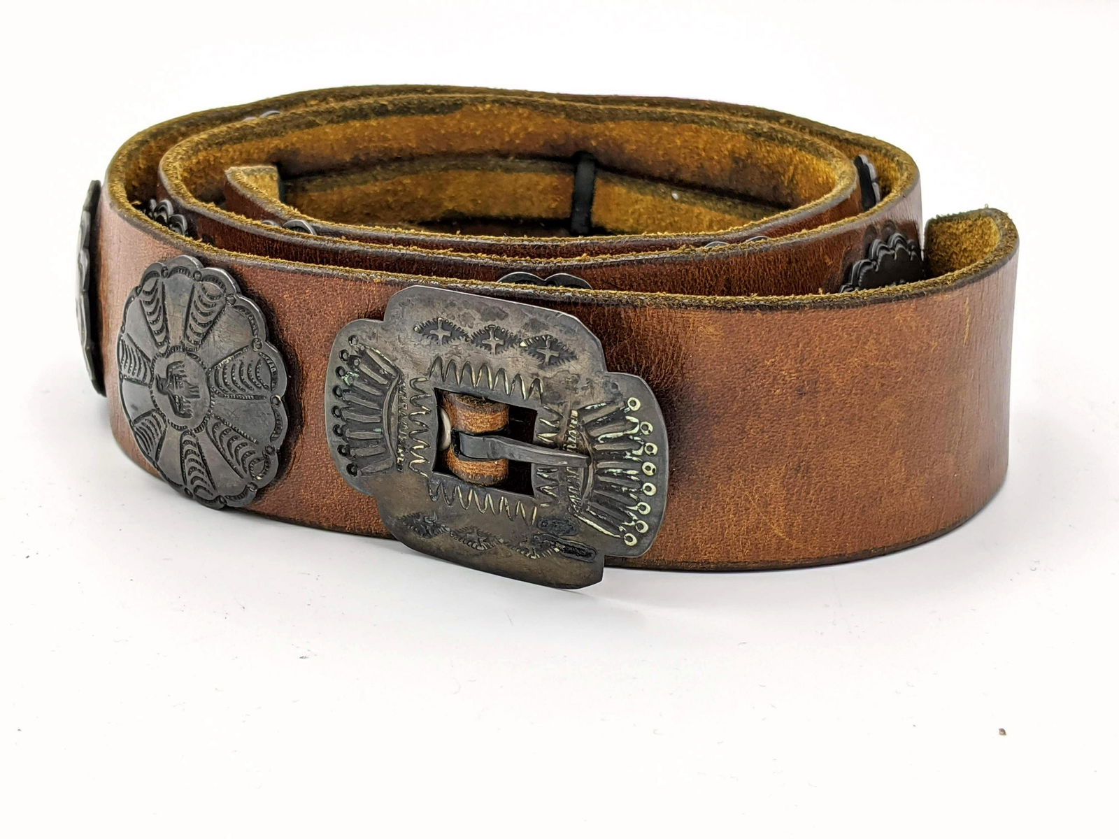 Navajo Silver Leather Vintage Concha Belt. 1.5" brown l (1 of 10)