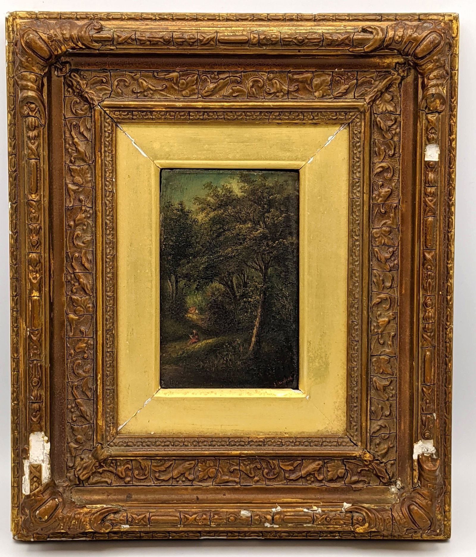 Antique Signed Oil Painting on Board of Man Reading Ben: Antique Signed Oil Painting on Board of Man Reading Beneath Tree. Natural landscape. -- Dimensions: Image Size: H: 5 inches: W: 3.25 inches ---