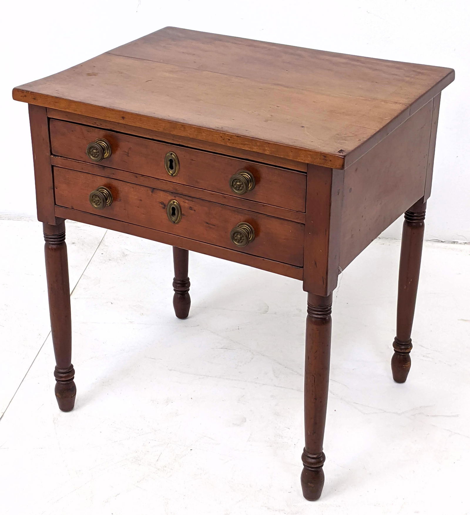 Antique 2 Drawer Side End Table. Brass hardware. Work T: Antique 2 Drawer Side End Table. Brass hardware. Work Table. Spun legs.-- Dimensions: H: 23 inches: W: 21 inches: D: 17 inches ---