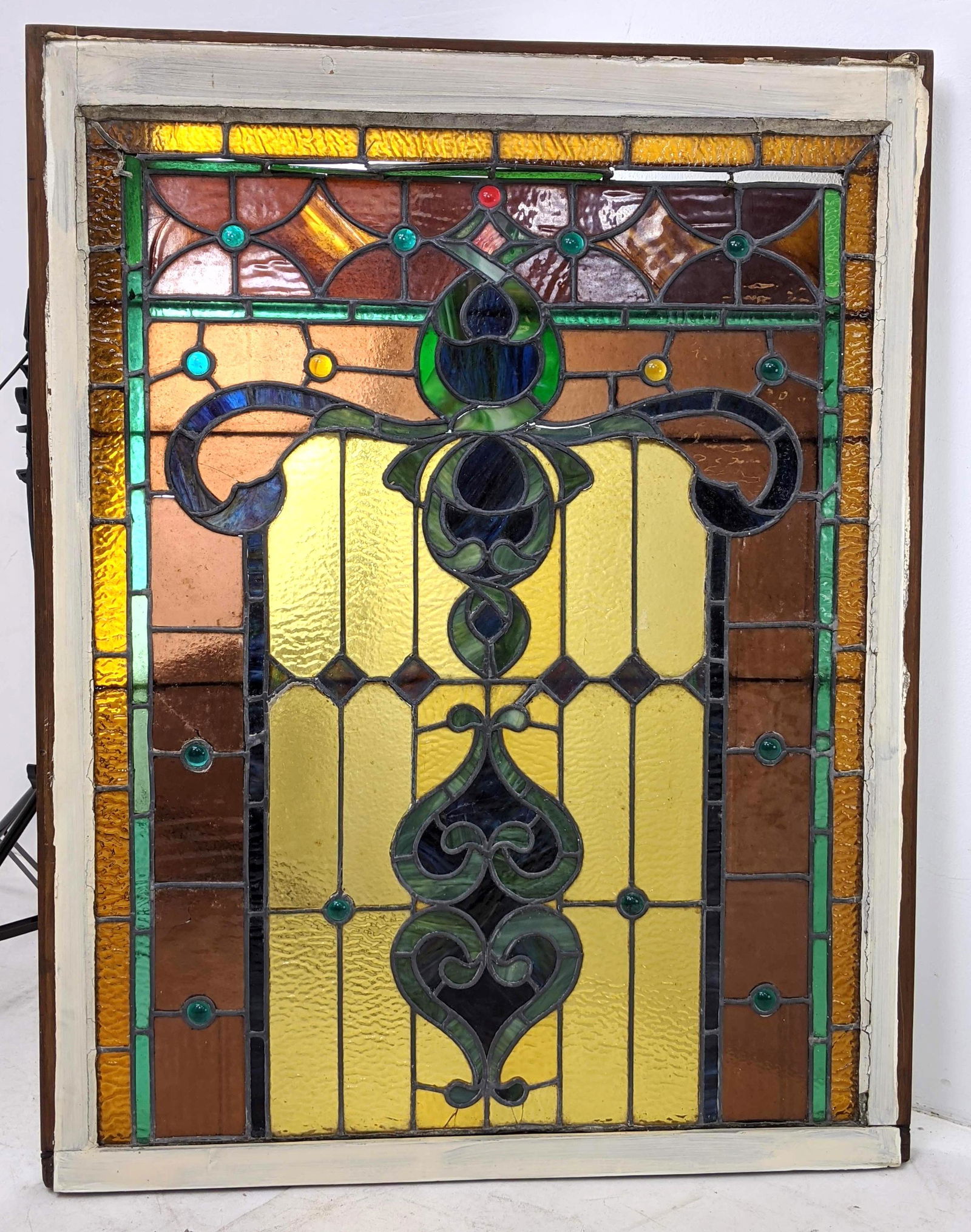 Antique Leaded Glass Window with Jeweled Fittings.  Pai (1 of 18)