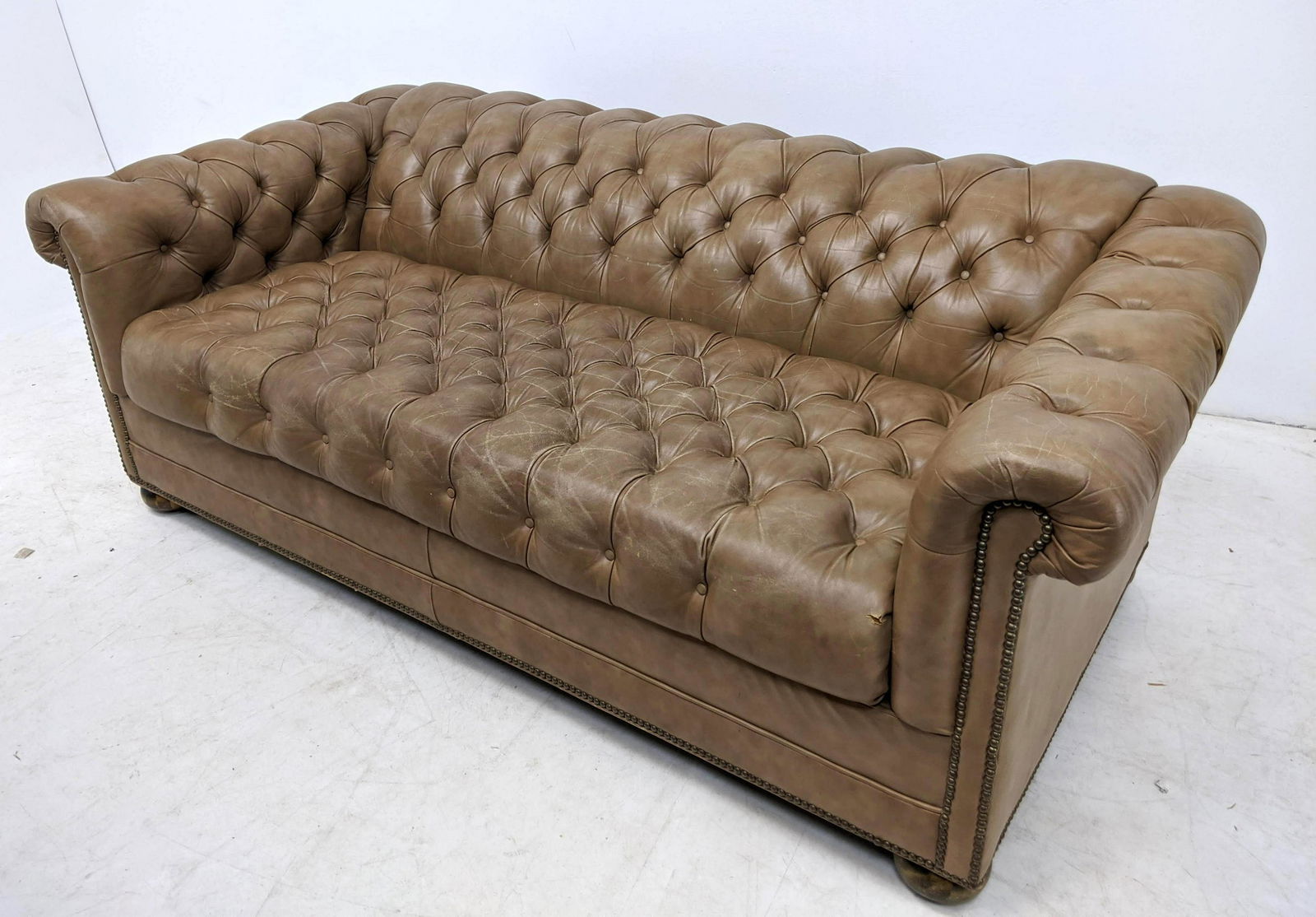 CHESTERFIELD Leather Sofa on Bun Feet. Light brown leat (1 of 10)