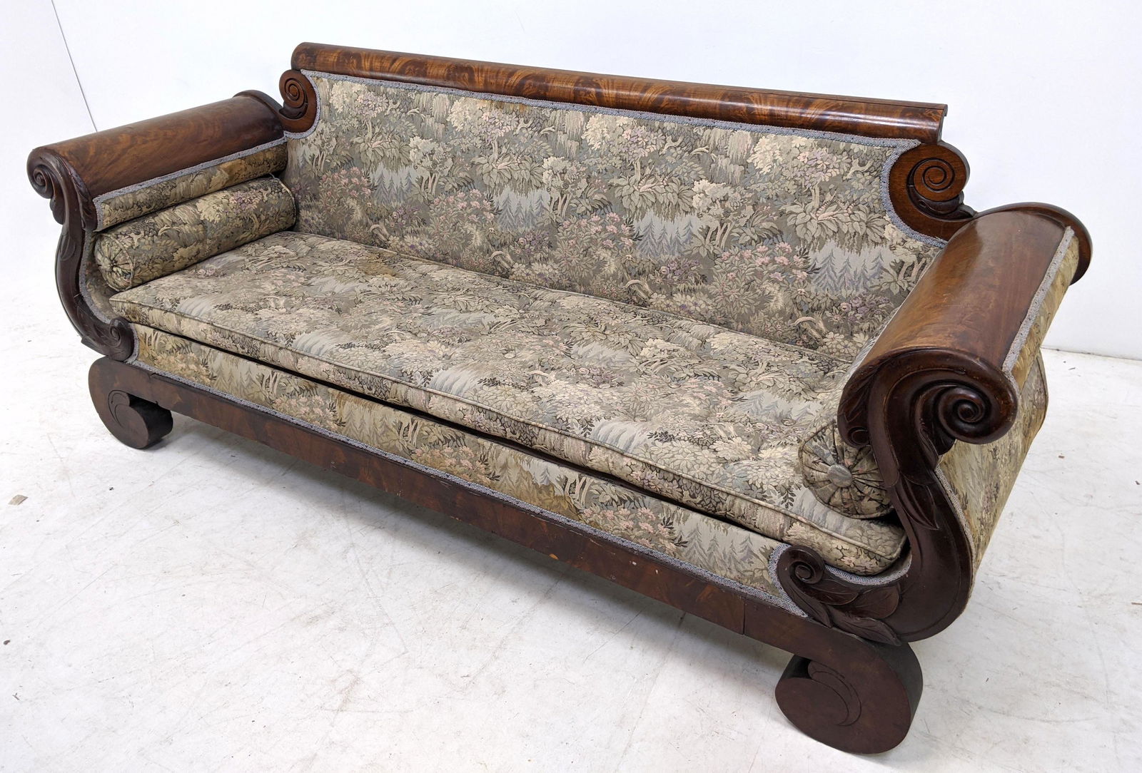 Antique Empire Sofa Settee. Scrolled wood frame. Floral (1 of 17)