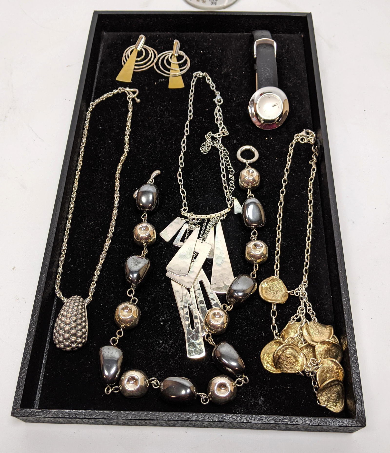7pc RLM Designer Robert Lee Morris Jewelry. 3 necklaces: 7pc RLM Designer Robert Lee Morris Jewelry. 3 necklaces and pr of earrings marked RLM. One watch. One MICHAEL DAWKINS sterling pendant necklace. -- Dimensions: ---